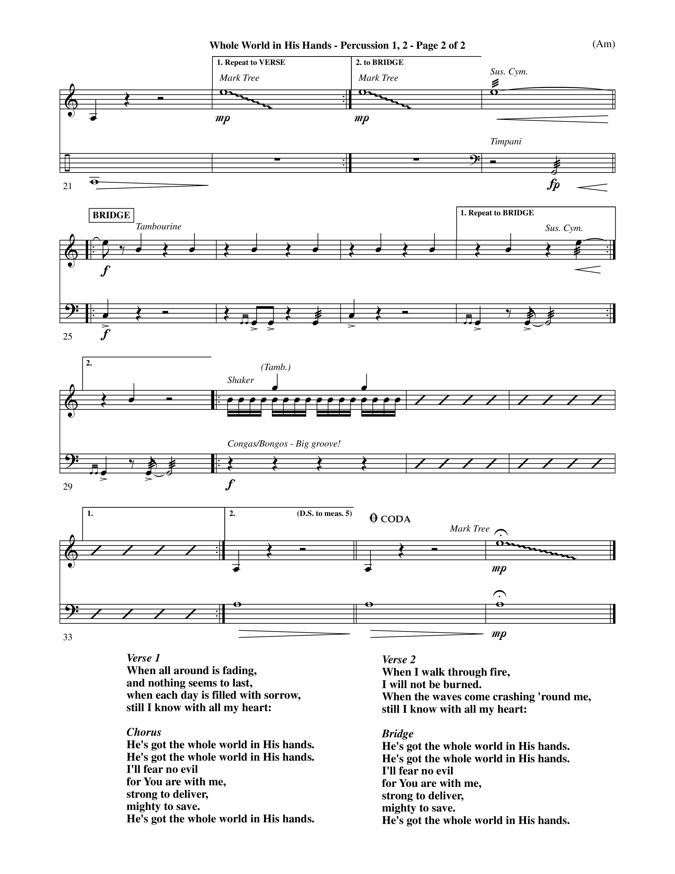 Whole World In His Hands (Choral Anthem SATB) Percussion 1/2 (Word Music Choral / Arr. David Shipps)