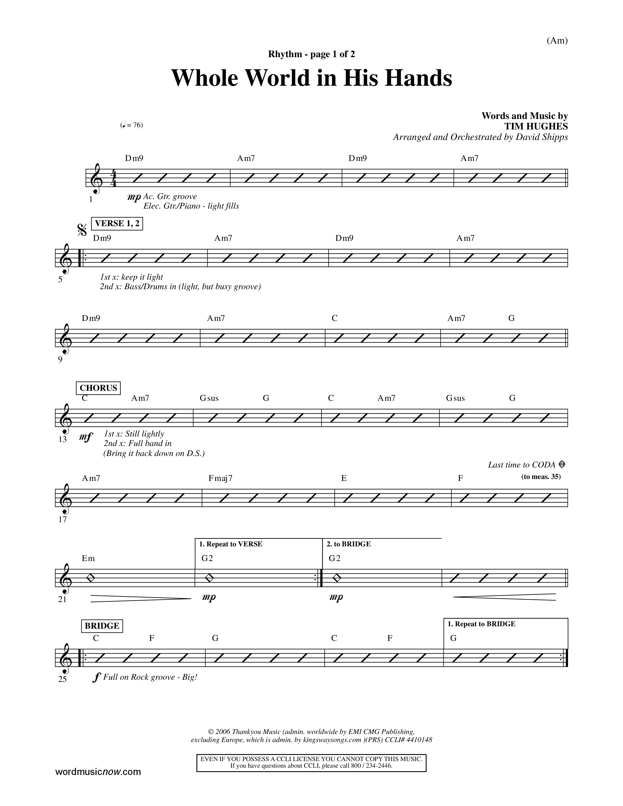 Whole World In His Hands (Choral Anthem SATB) Rhythm Chart (Word Music Choral / Arr. David Shipps)