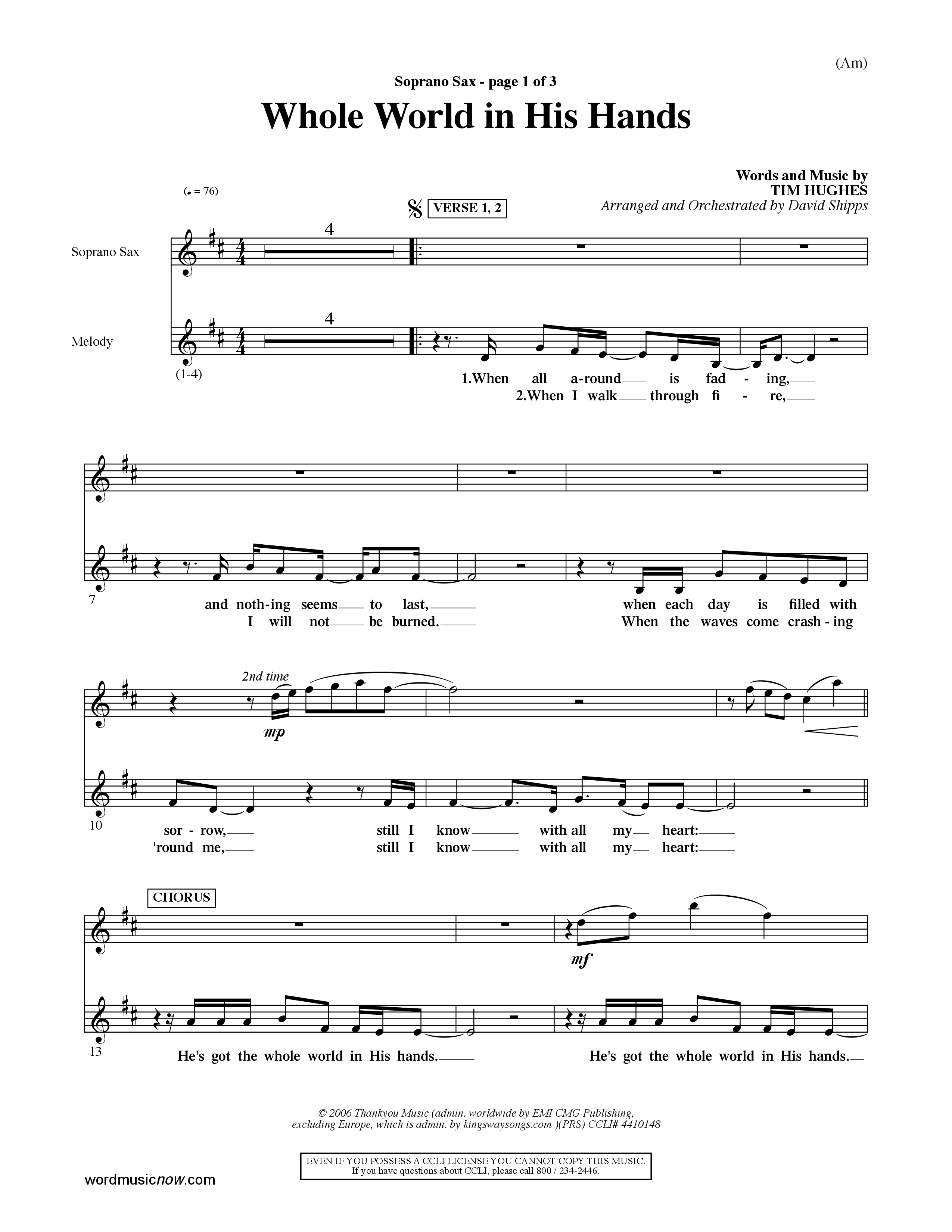 Whole World In His Hands (Choral Anthem SATB) Saxophone (Word Music Choral / Arr. David Shipps)