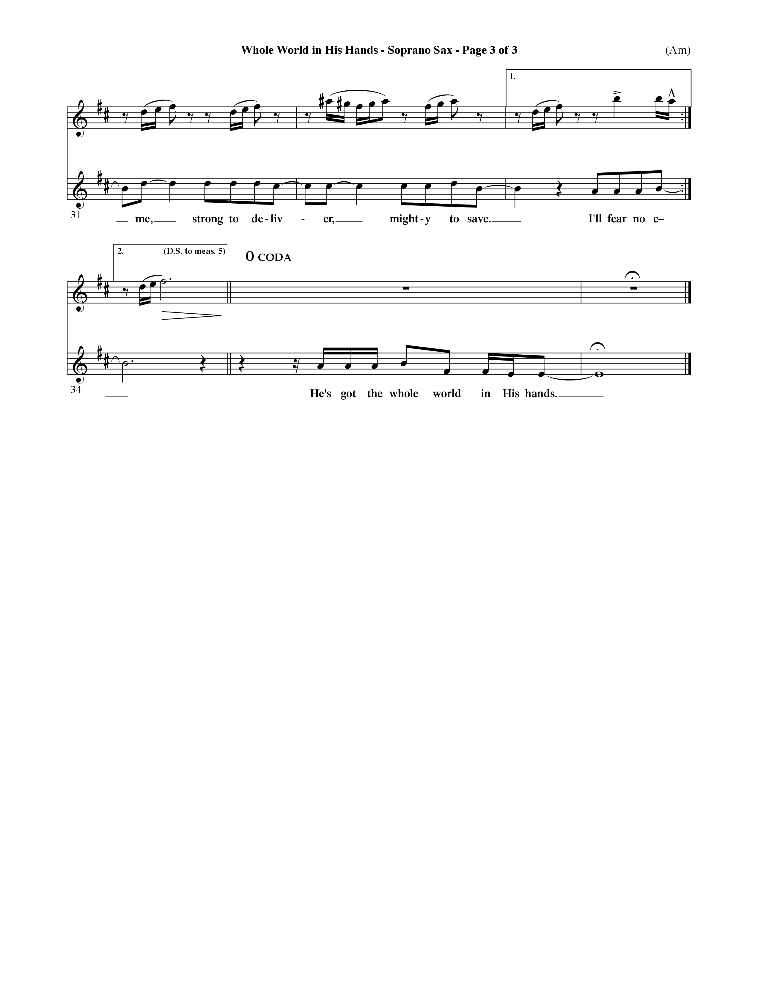 Whole World In His Hands (Choral Anthem SATB) Saxophone (Word Music Choral / Arr. David Shipps)