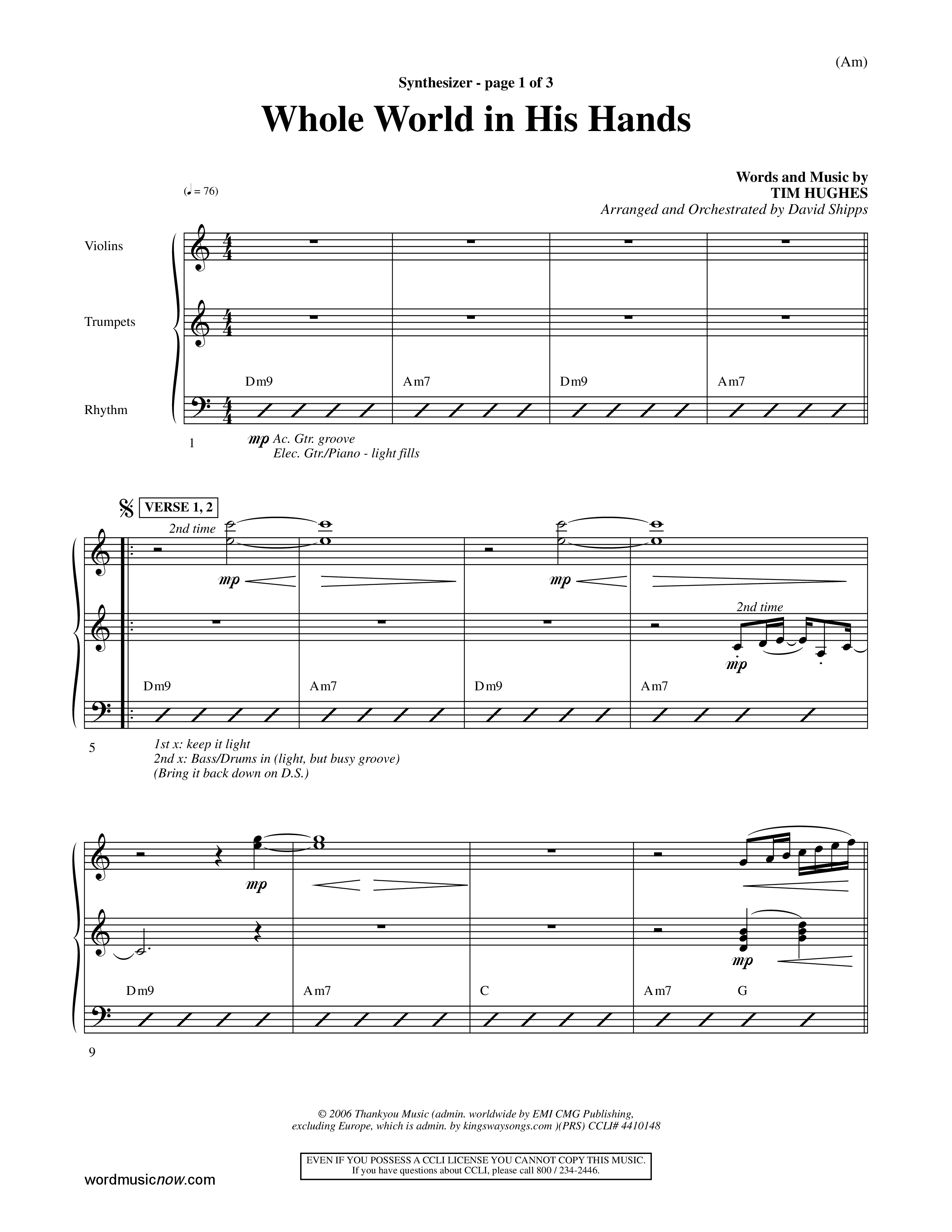 Whole World In His Hands (Choral Anthem SATB) Synth (Word Music Choral / Arr. David Shipps)