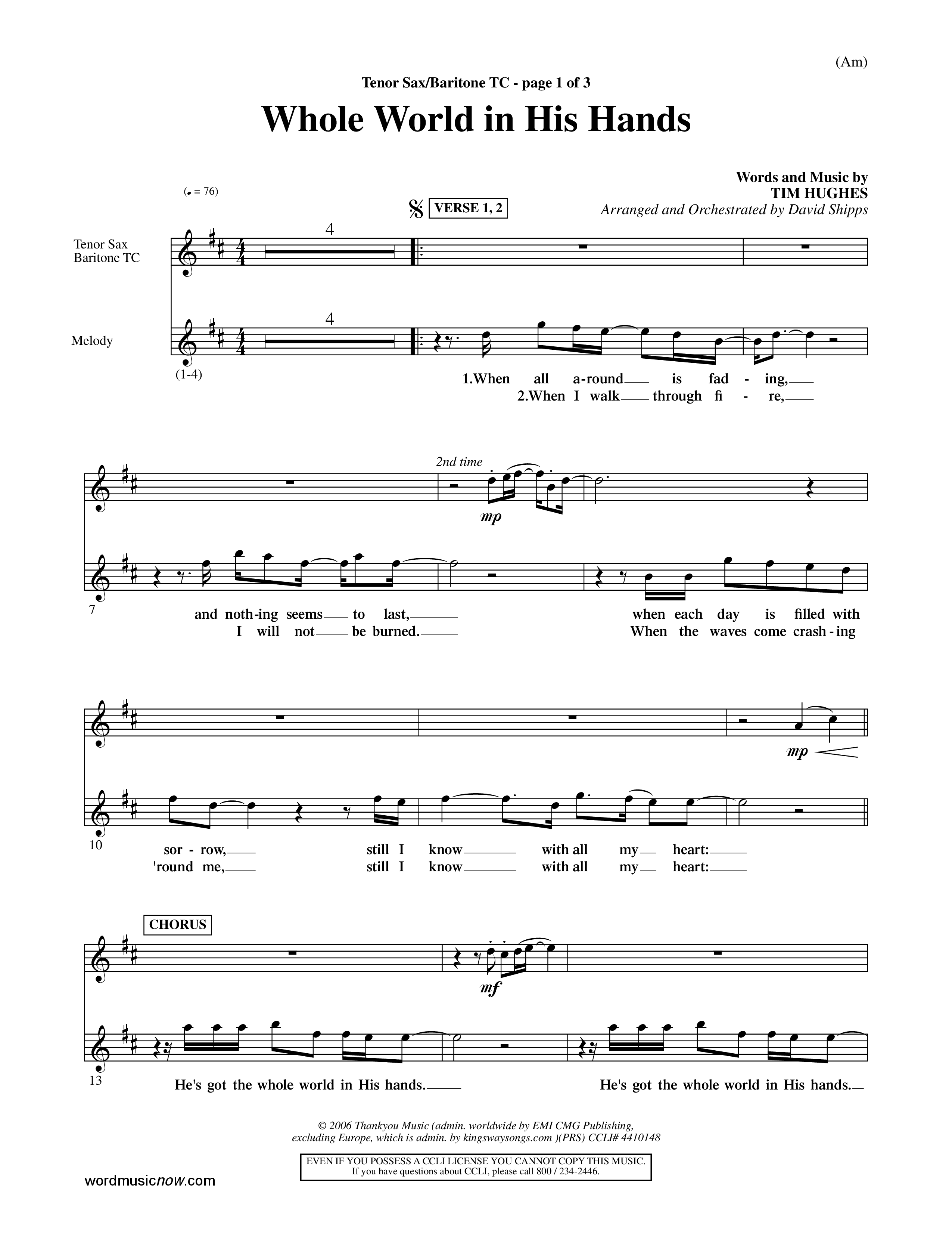 Whole World In His Hands (Choral Anthem SATB) Tenor Sax/Baritone T.C. (Word Music Choral / Arr. David Shipps)