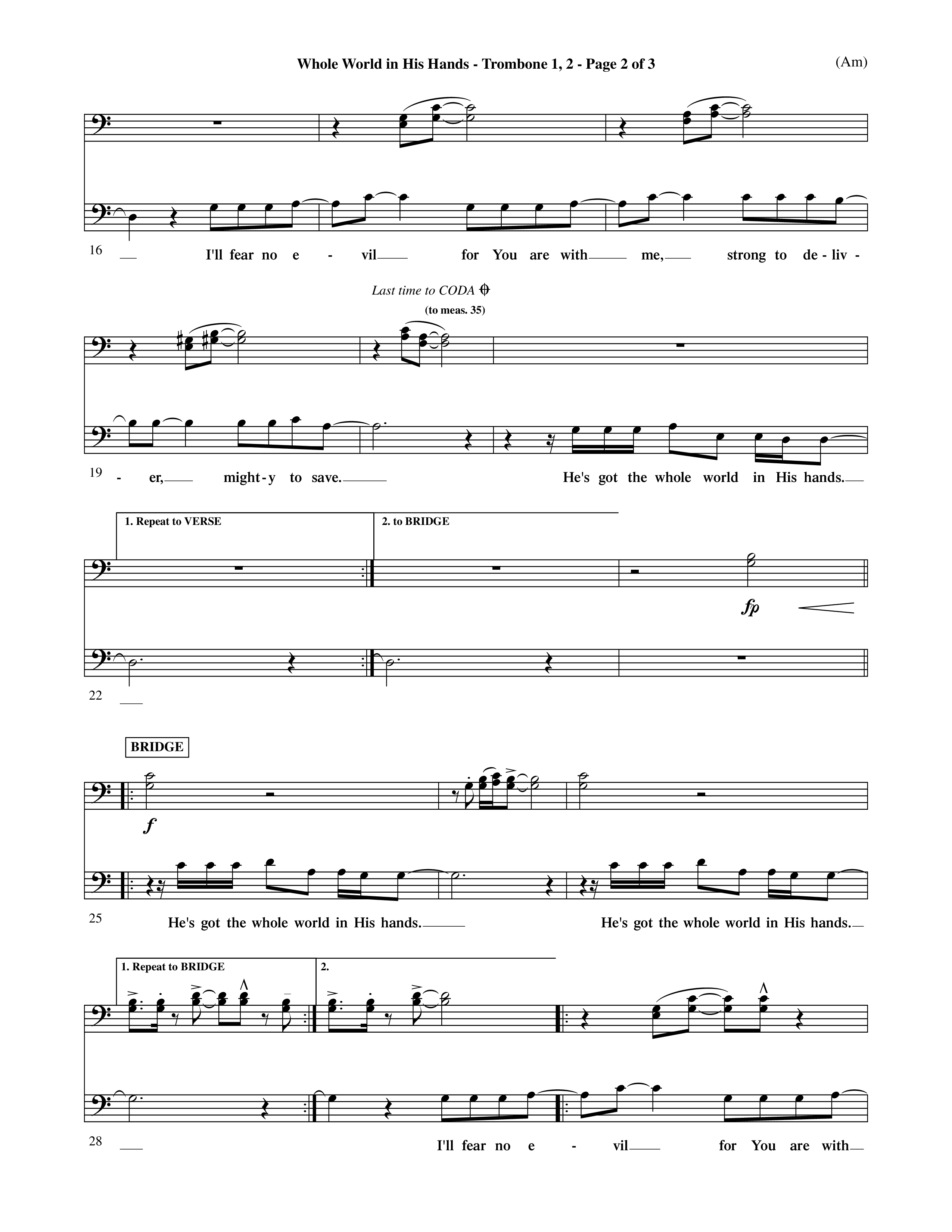 Whole World In His Hands (Choral Anthem SATB) Trombone 1/2 (Word Music Choral / Arr. David Shipps)