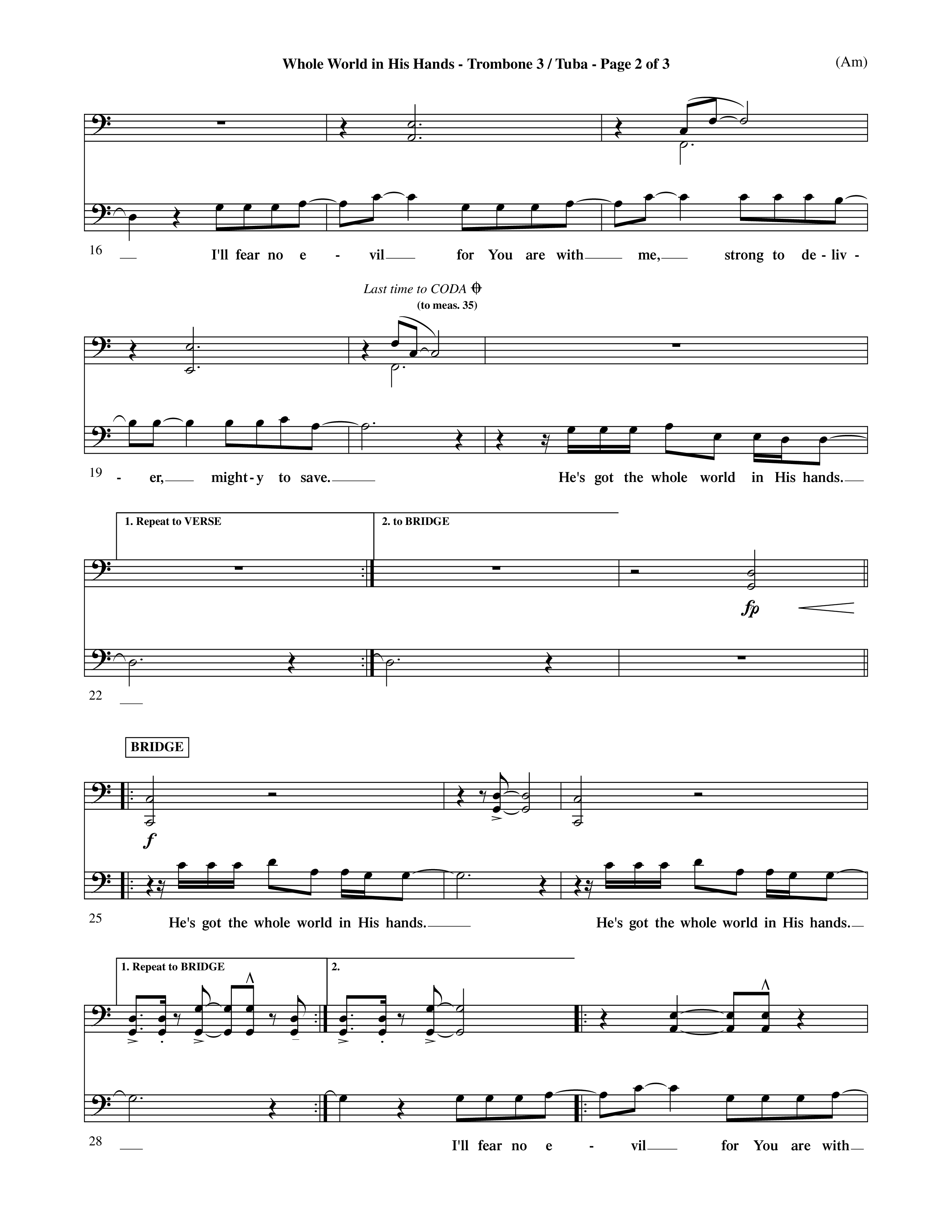 Whole World In His Hands (Choral Anthem SATB) Trombone 3/Tuba (Word Music Choral / Arr. David Shipps)