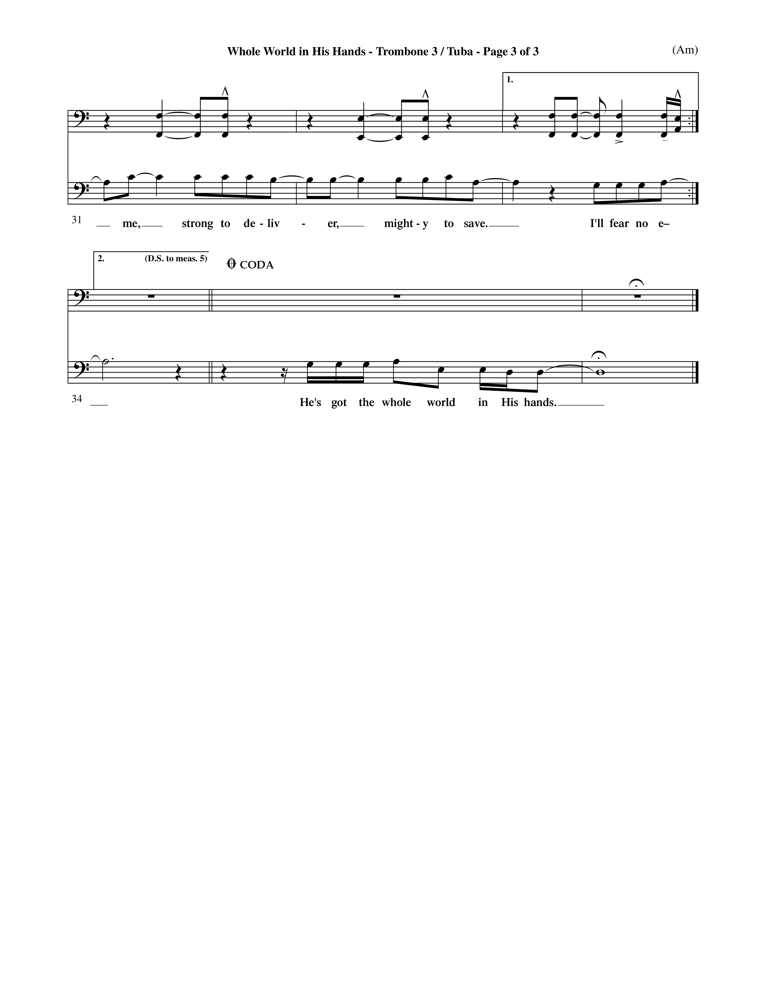 Whole World In His Hands (Choral Anthem SATB) Trombone 3/Tuba (Word Music Choral / Arr. David Shipps)