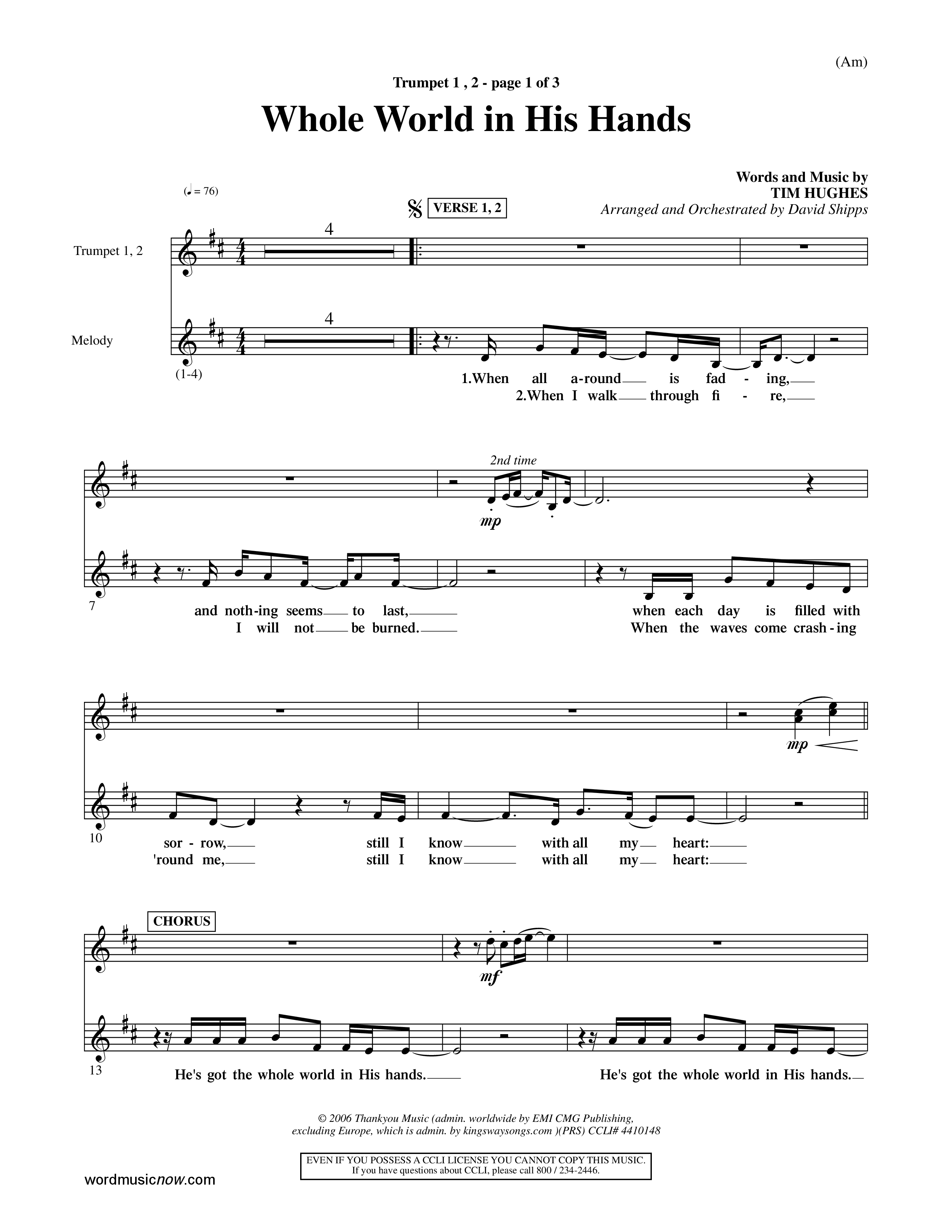 Whole World In His Hands (Choral Anthem SATB) Trumpet 1,2 (Word Music Choral / Arr. David Shipps)