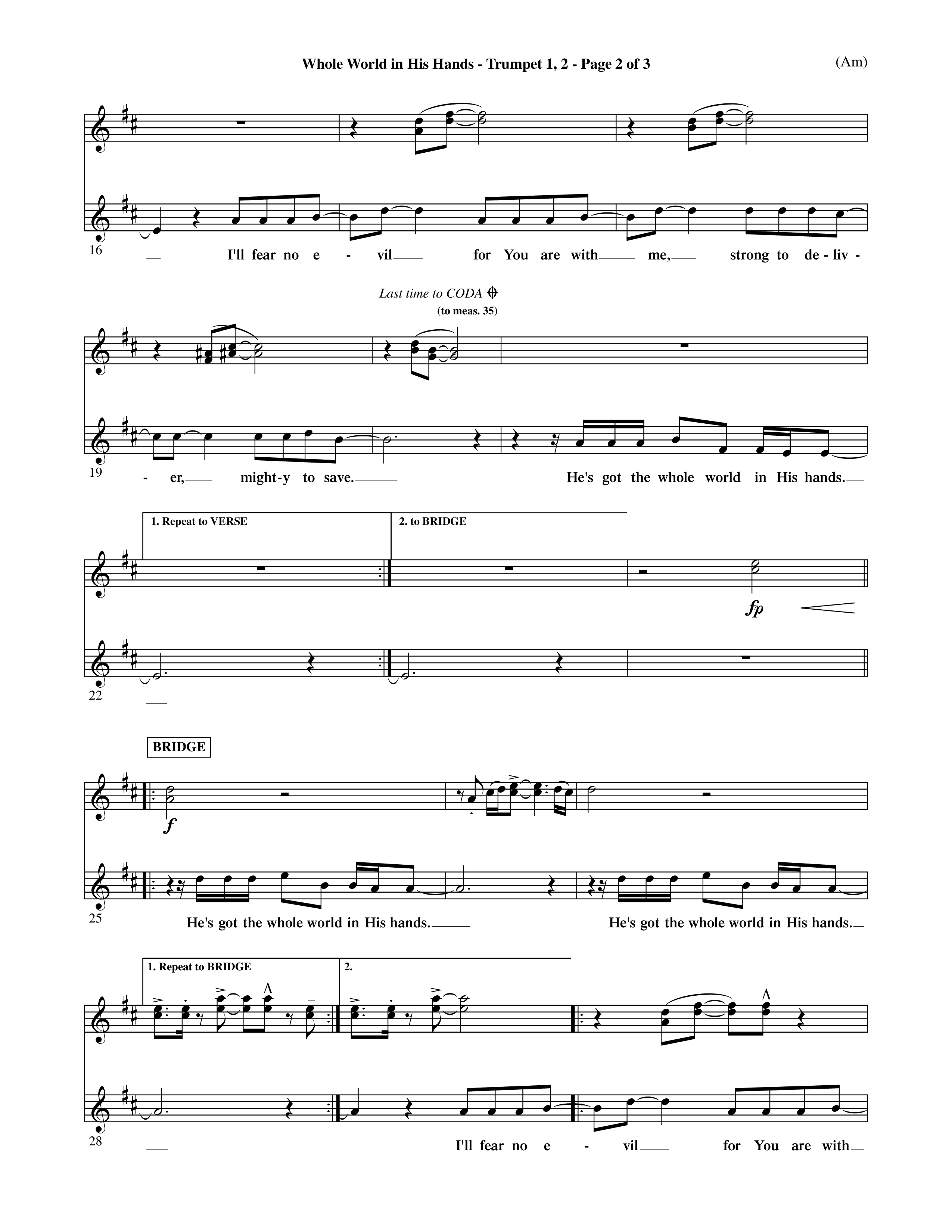 Whole World In His Hands (Choral Anthem SATB) Trumpet 1,2 (Word Music Choral / Arr. David Shipps)
