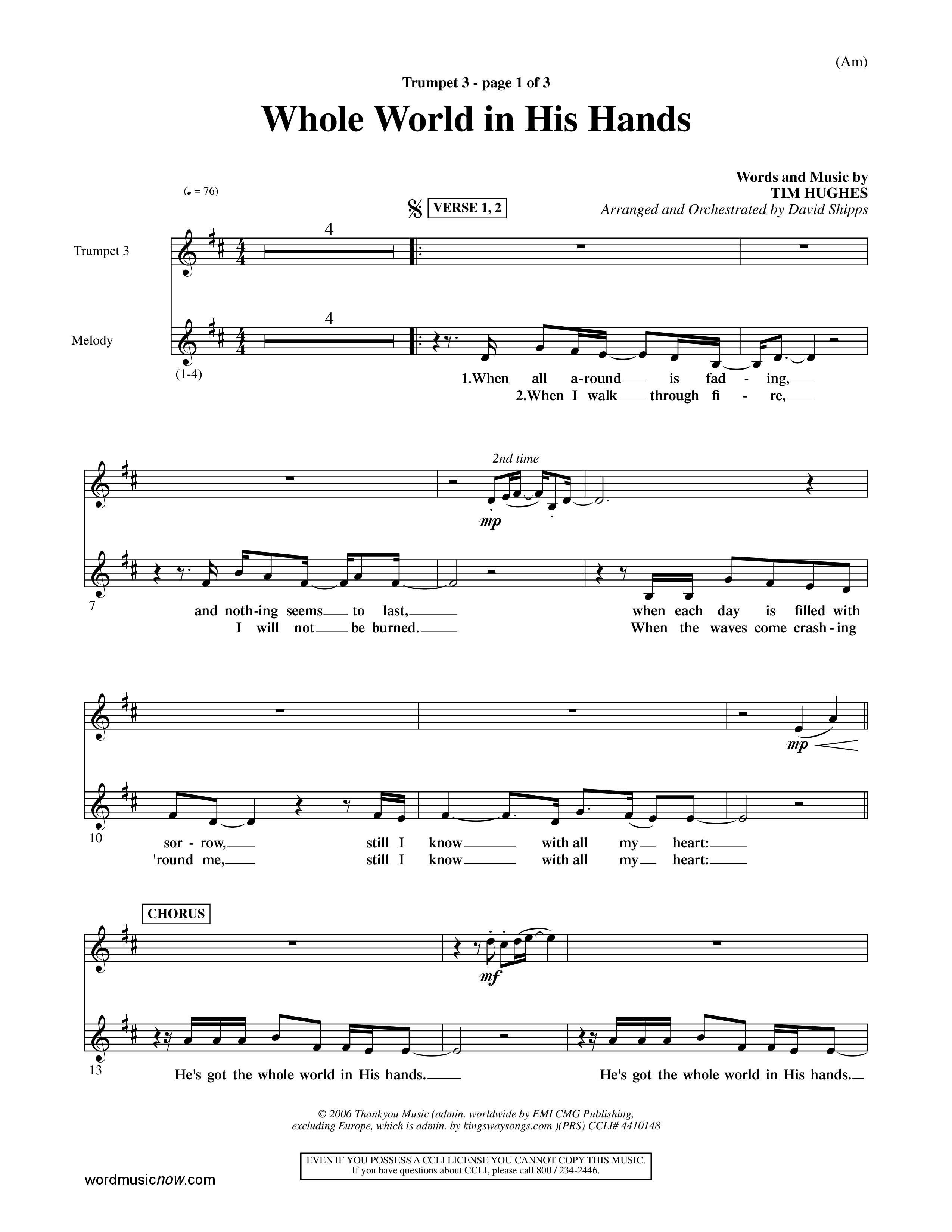 Whole World In His Hands (Choral Anthem SATB) Trumpet 3 (Word Music Choral / Arr. David Shipps)