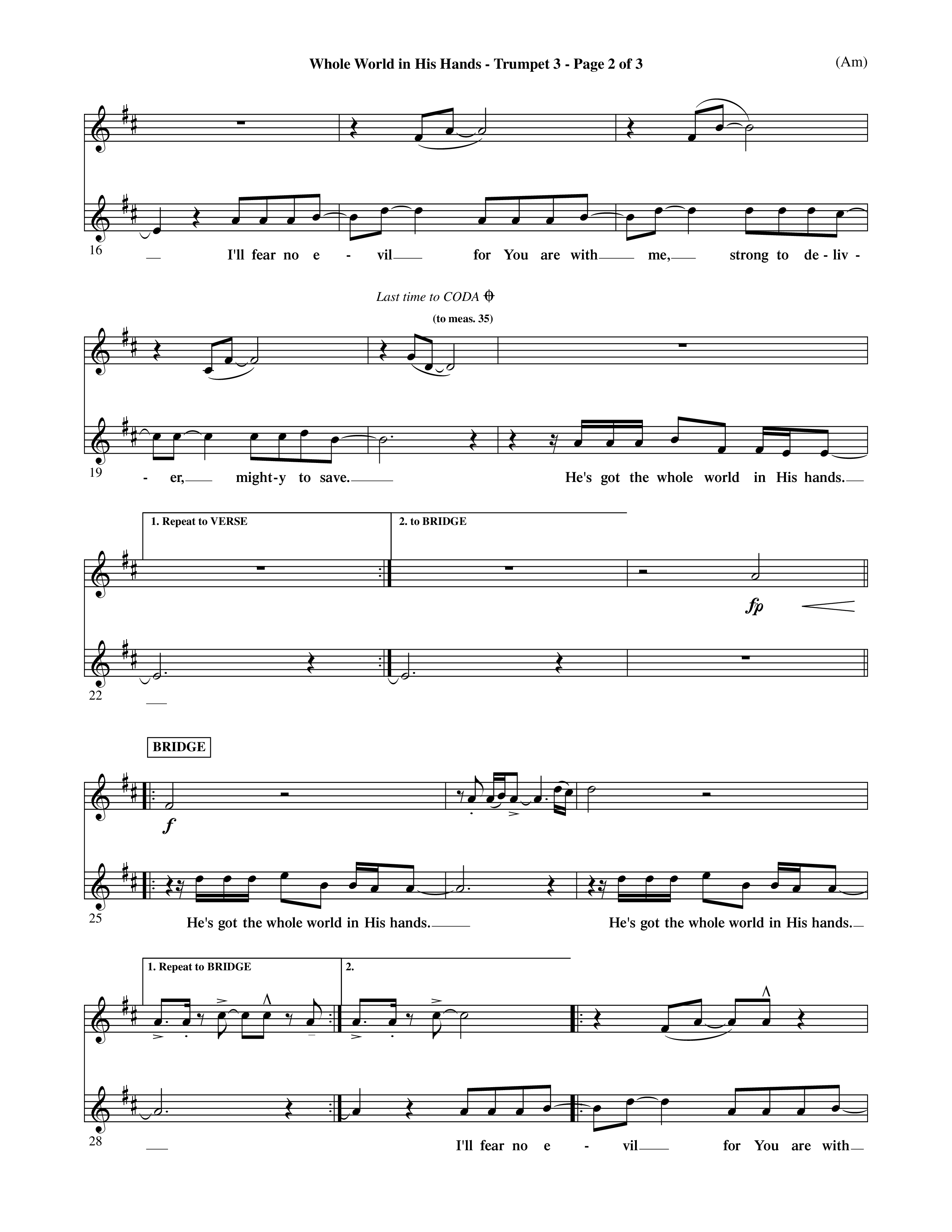 Whole World In His Hands (Choral Anthem SATB) Trumpet 3 (Word Music Choral / Arr. David Shipps)