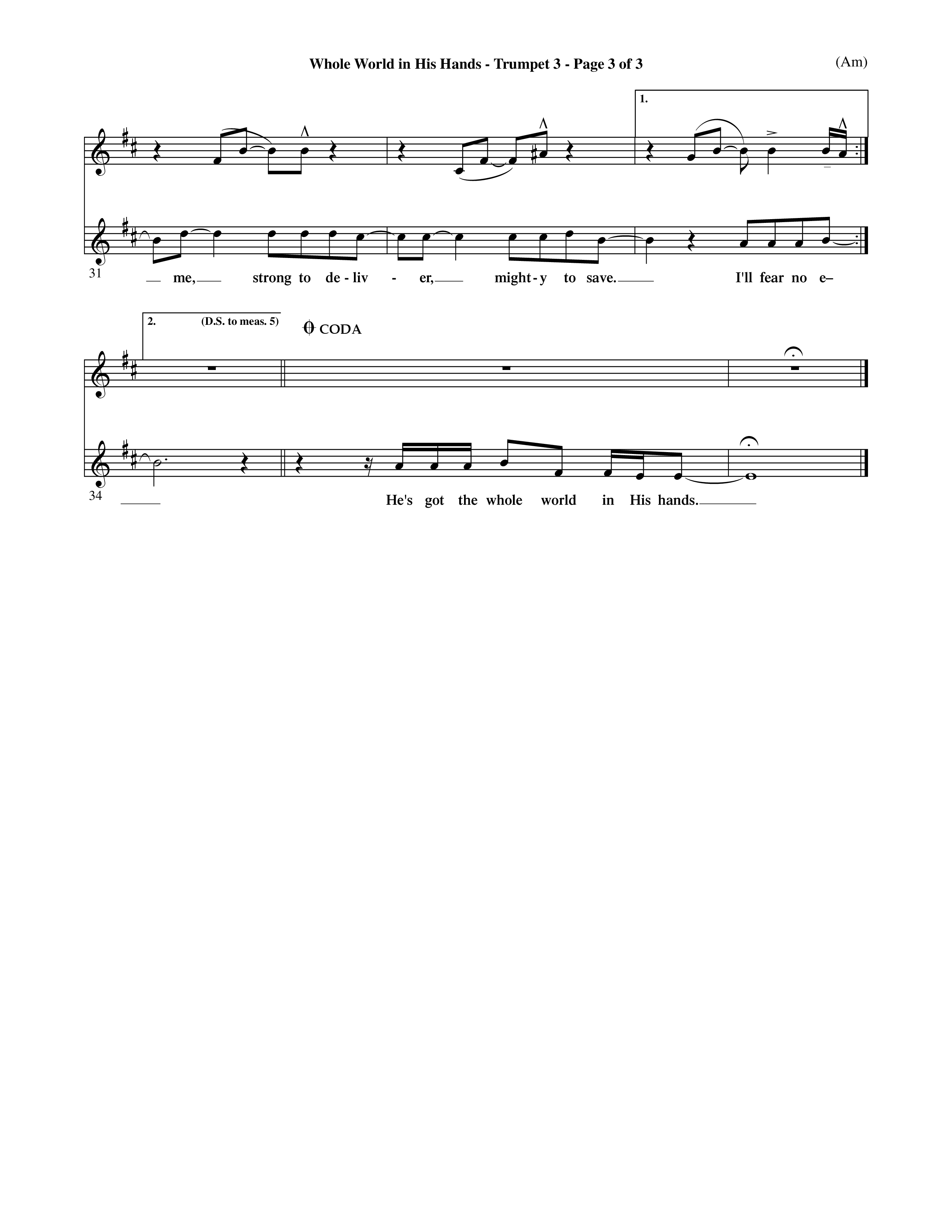 Whole World In His Hands (Choral Anthem SATB) Trumpet 3 (Word Music Choral / Arr. David Shipps)
