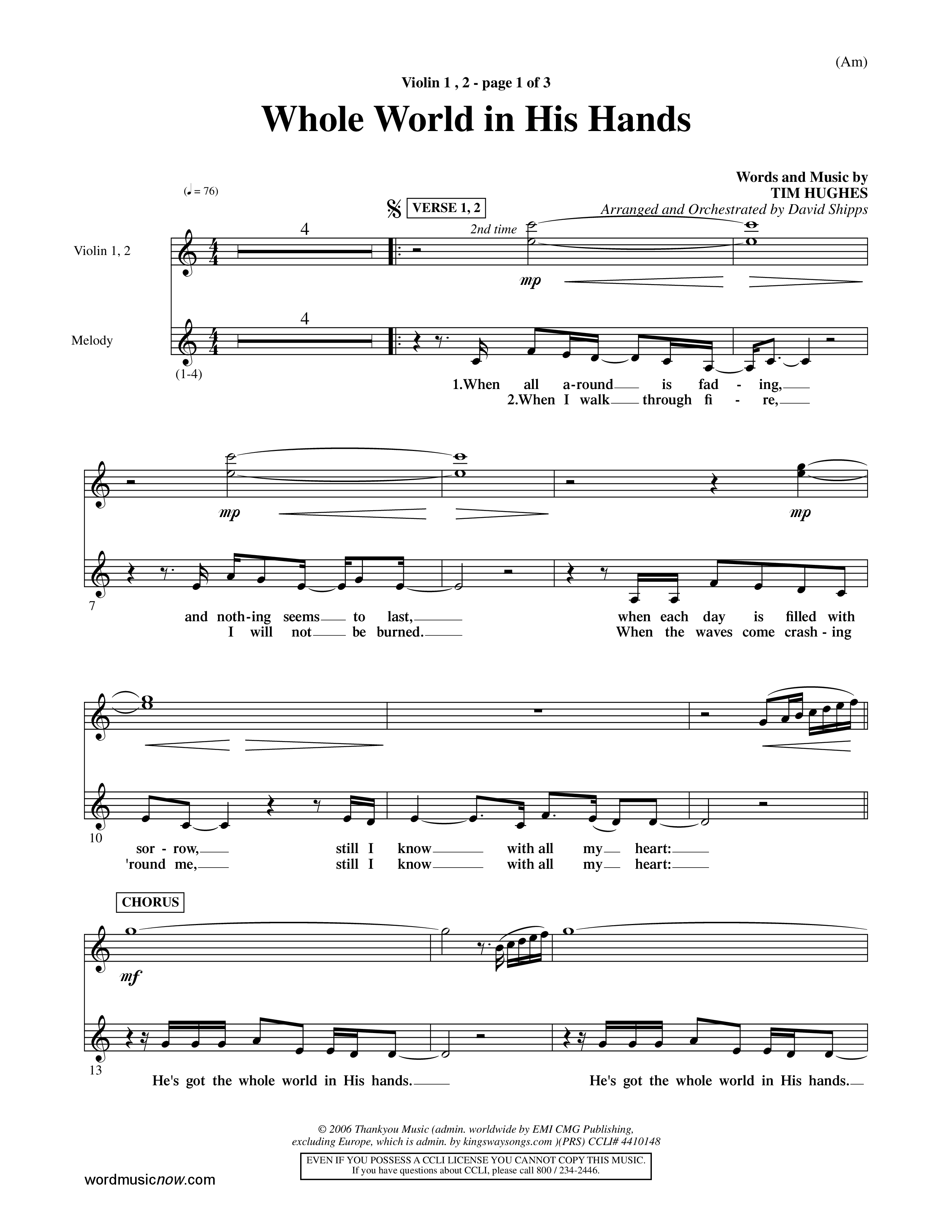 Whole World In His Hands (Choral Anthem SATB) Violin 1/2 (Word Music Choral / Arr. David Shipps)