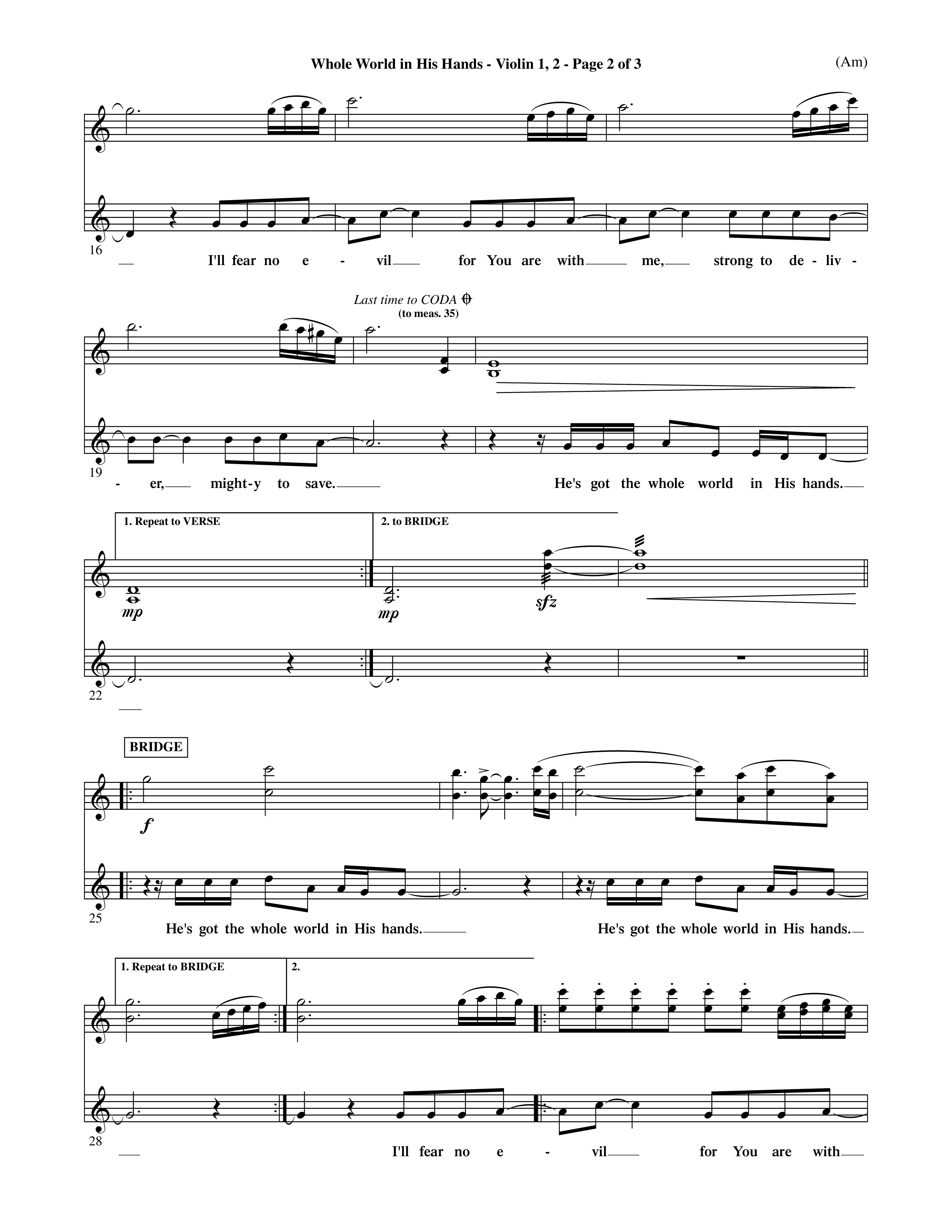 Whole World In His Hands (Choral Anthem SATB) Violin 1/2 (Word Music Choral / Arr. David Shipps)