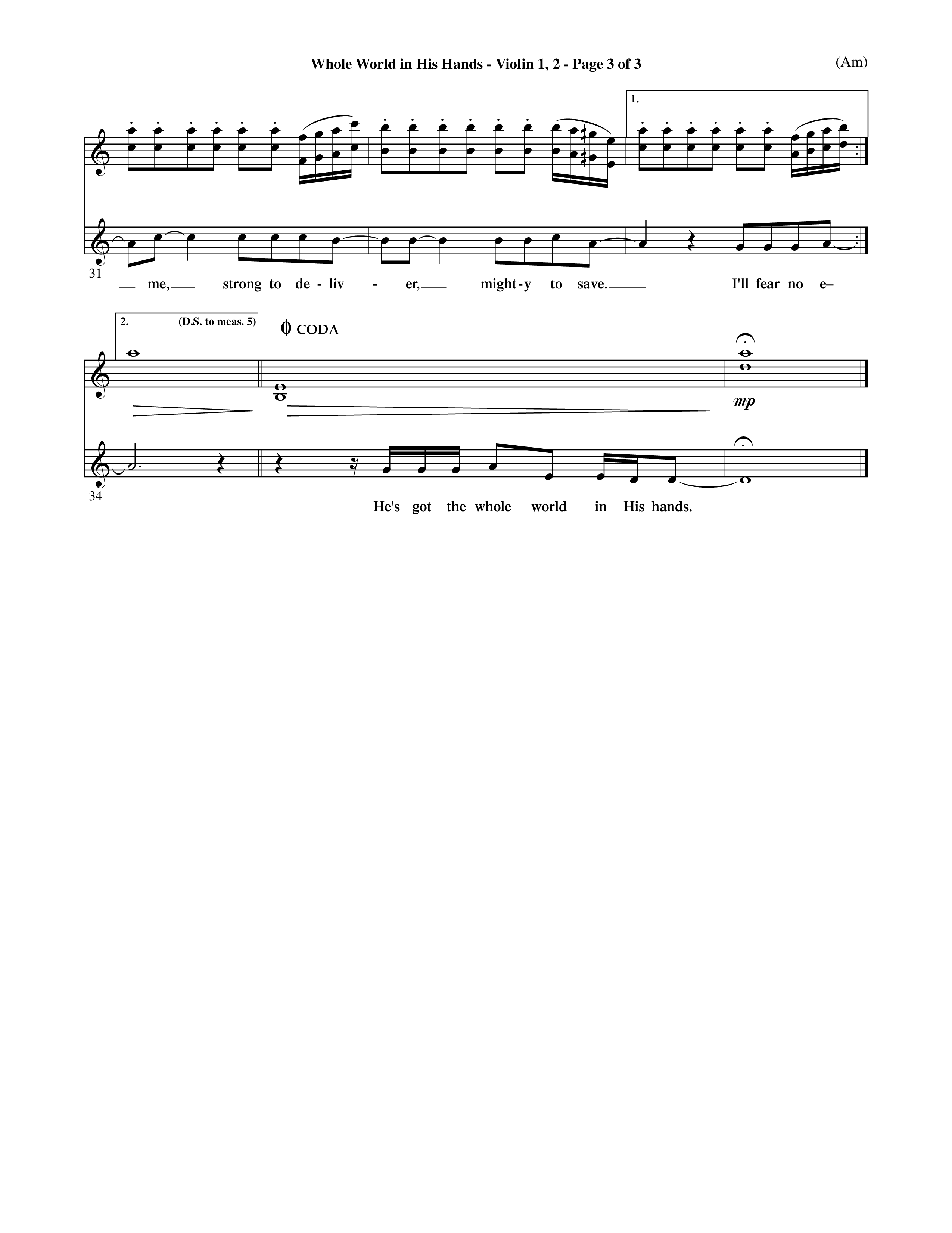 Whole World In His Hands (Choral Anthem SATB) Violin 1/2 (Word Music Choral / Arr. David Shipps)