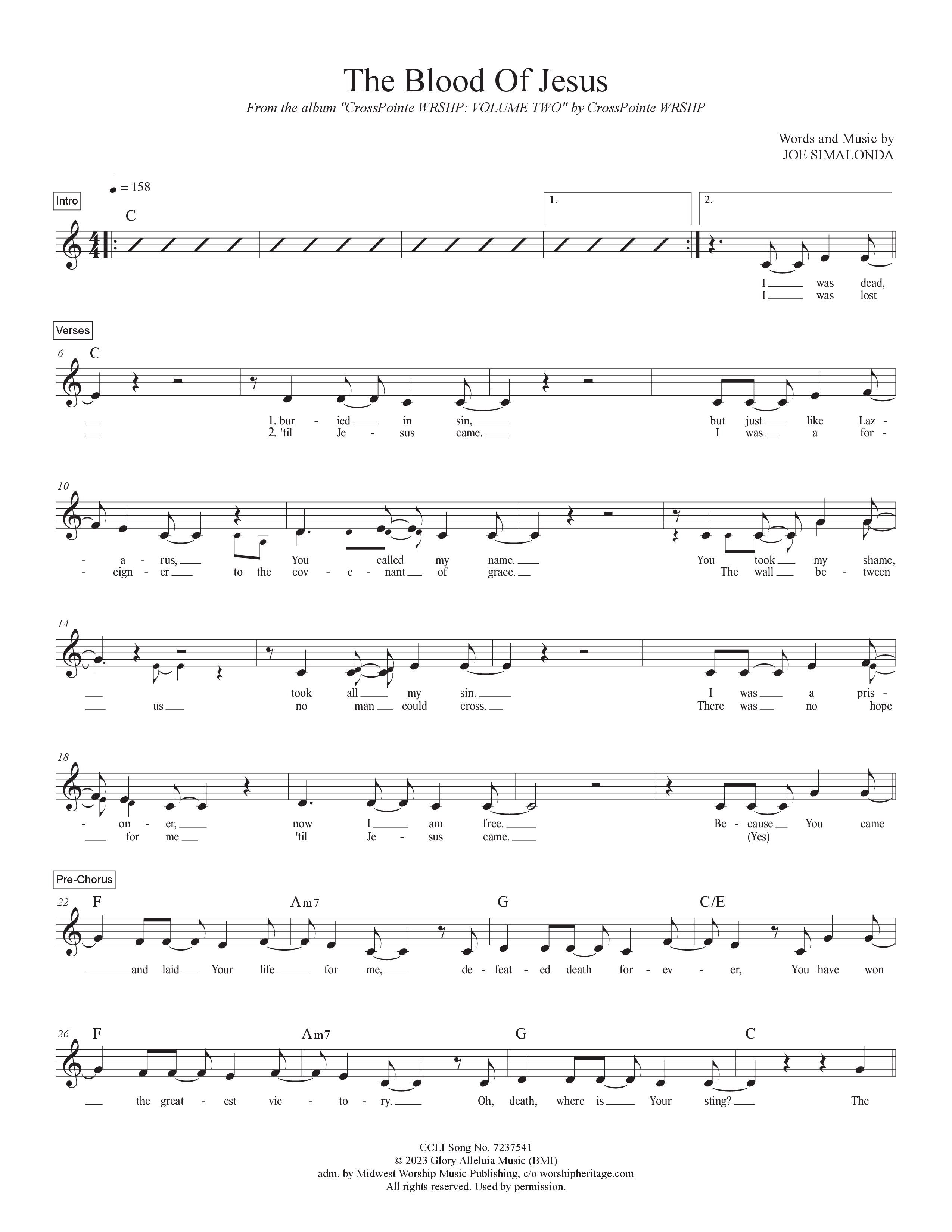 The Blood Of Jesus Lead Sheet Melody (CrossPointe WRSHP)
