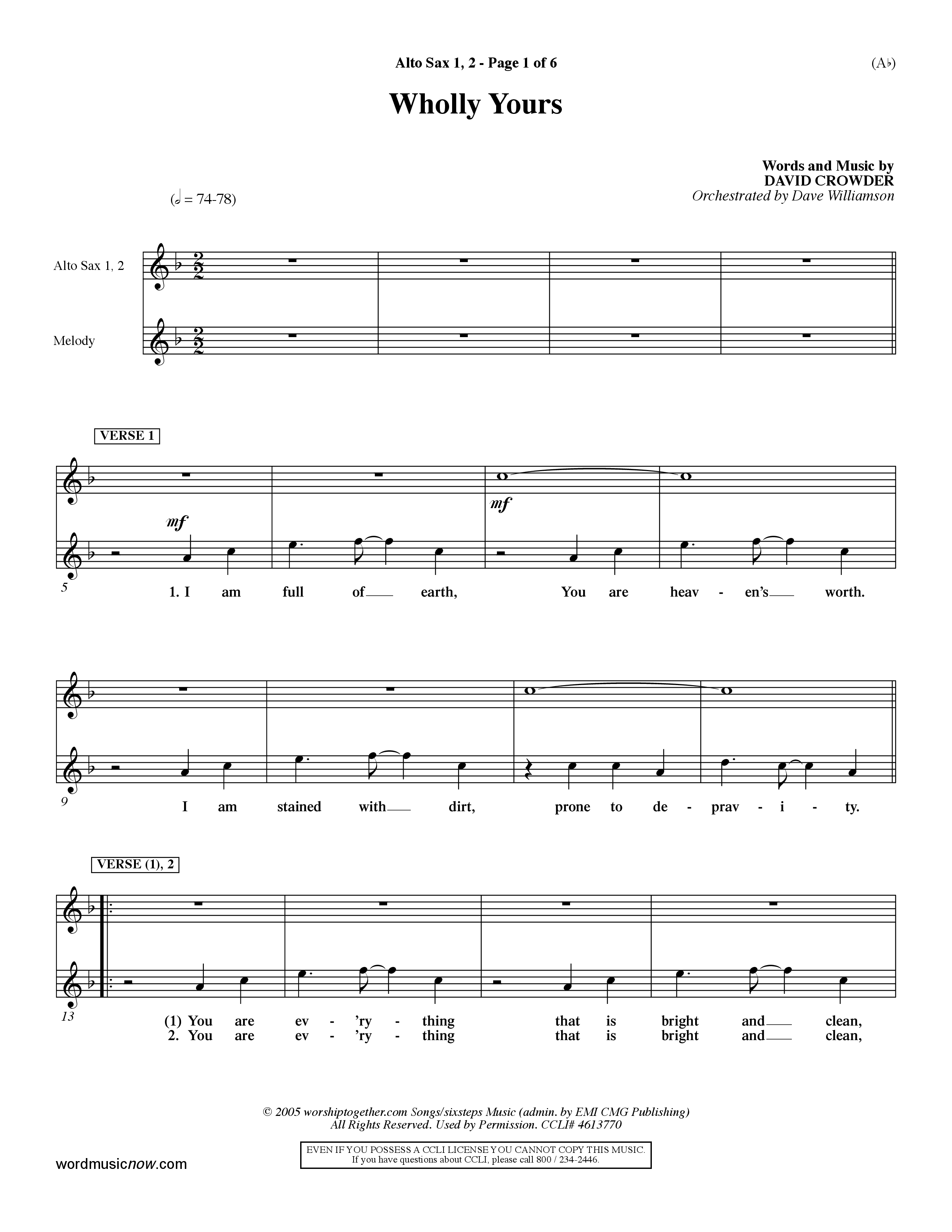 Wholly Yours (Choral Anthem SATB) Alto Sax 1/2 (Word Music Choral / Orch. Dave Williamson)