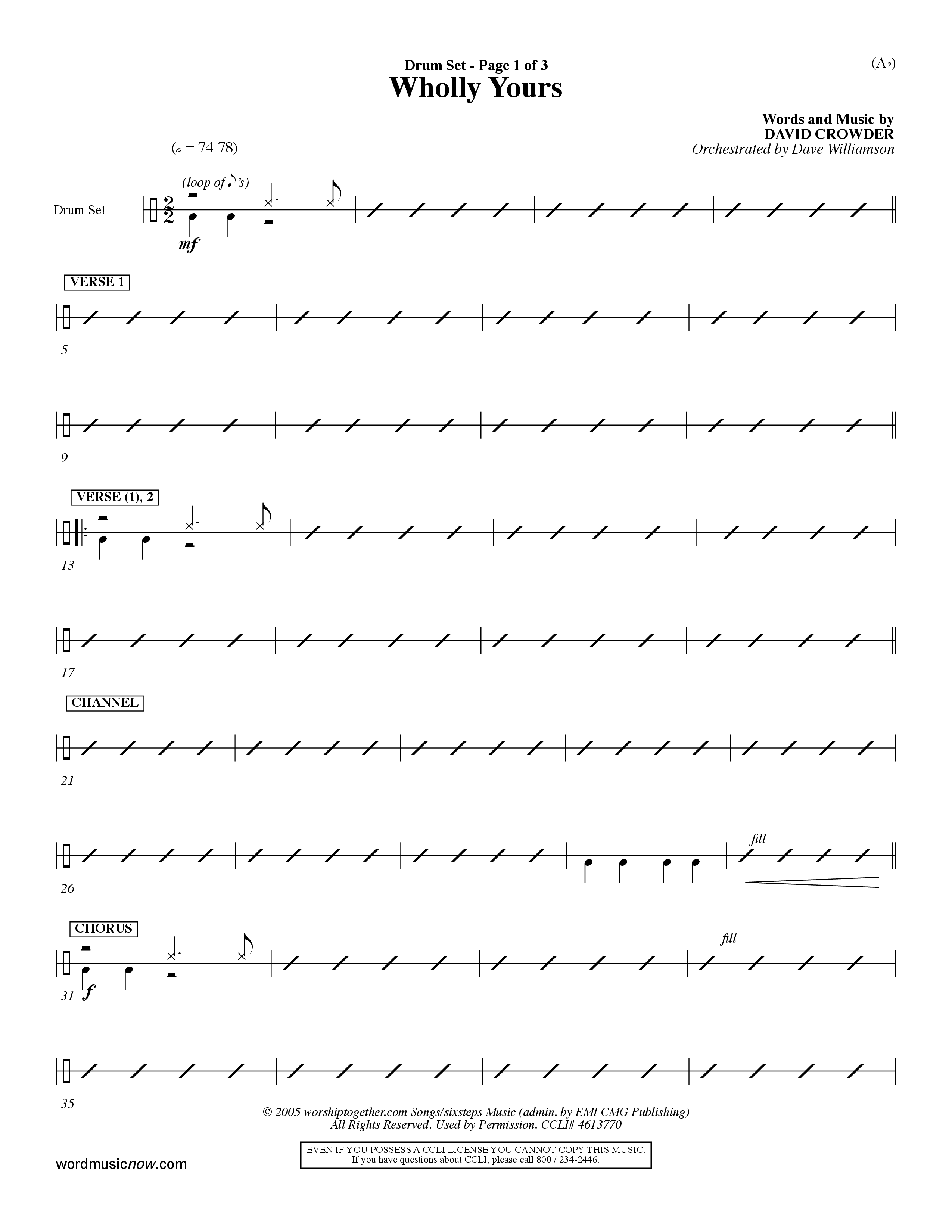 Wholly Yours (Choral Anthem SATB) Drum Set (Word Music Choral / Orch. Dave Williamson)