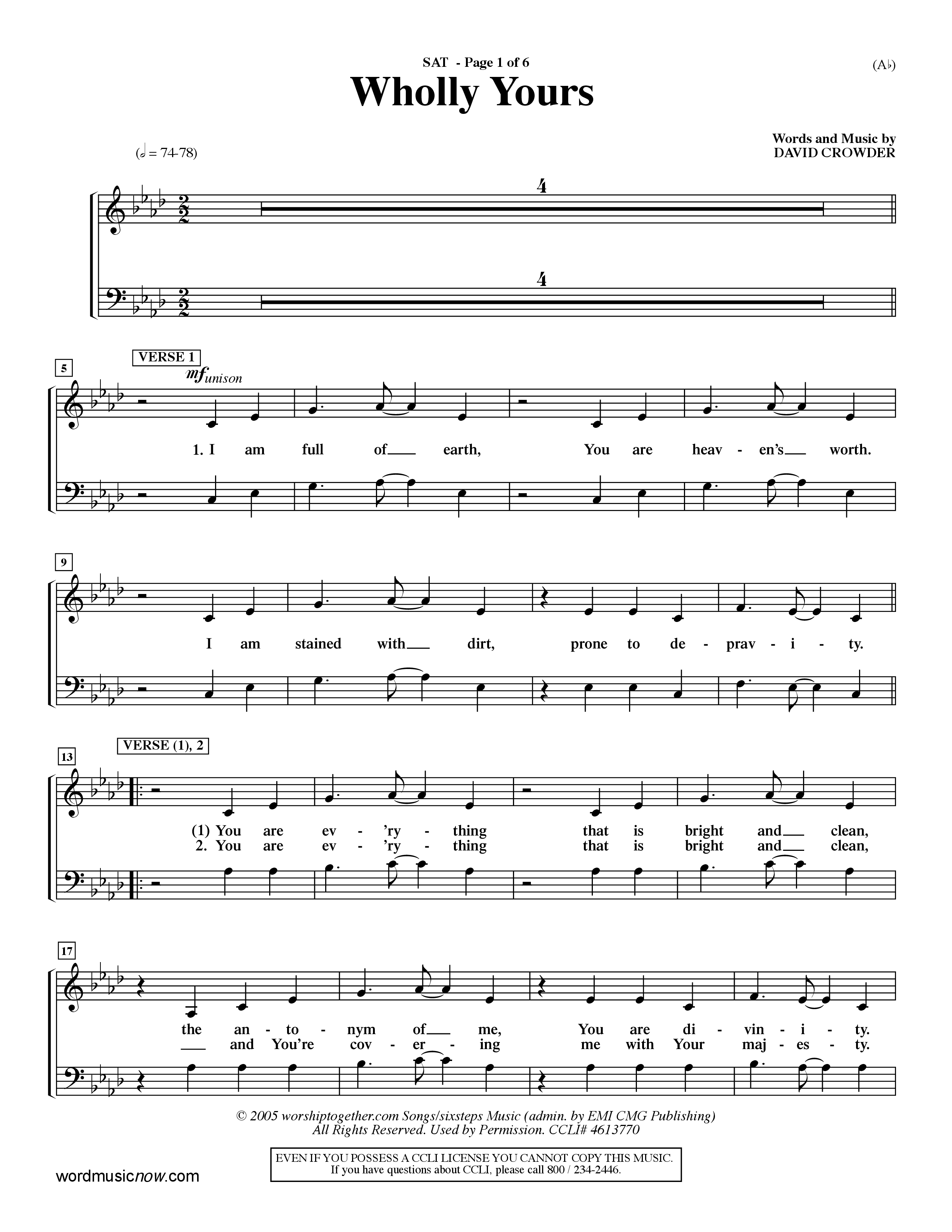 Wholly Yours (Choral Anthem SATB) Lead Sheet (SAT) (Word Music Choral / Orch. Dave Williamson)