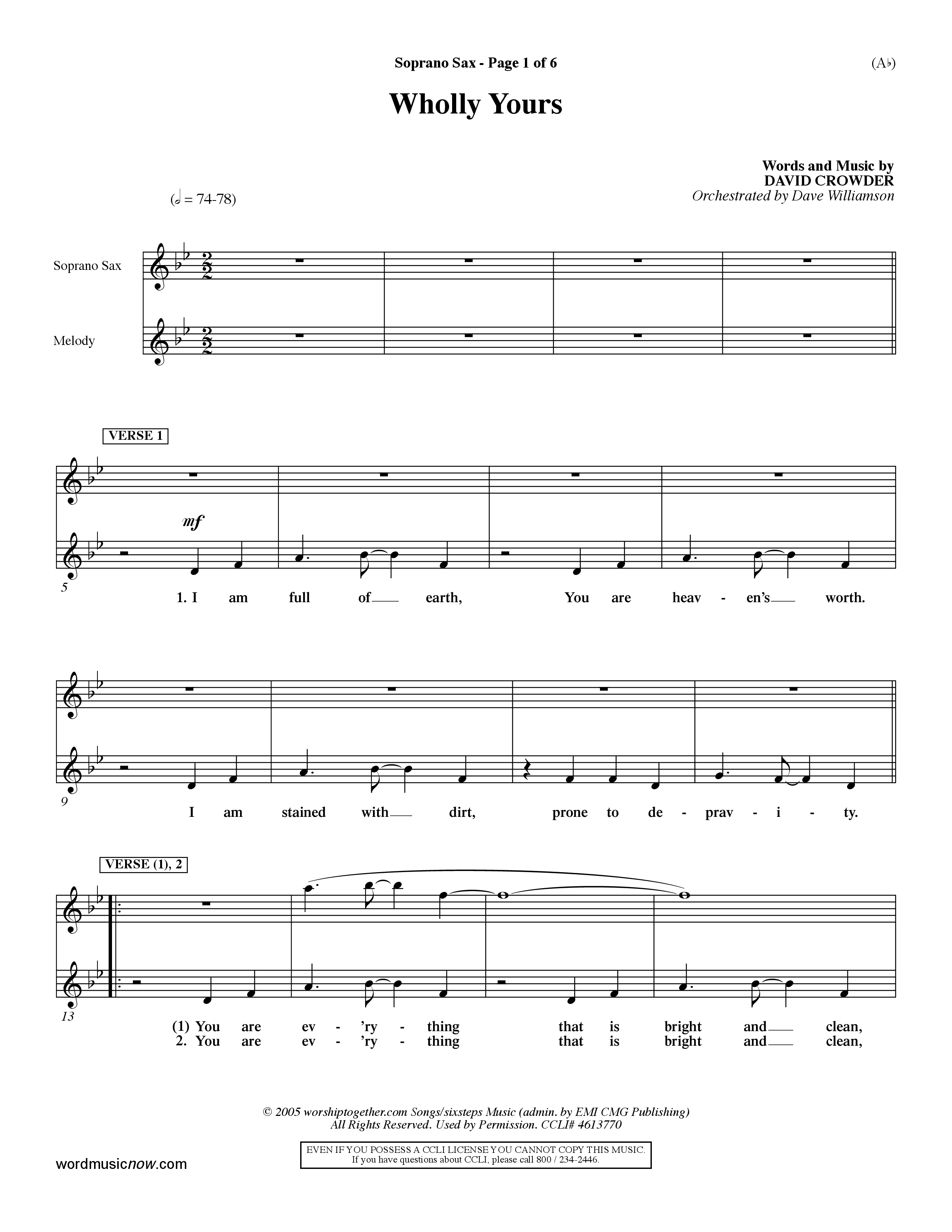 Wholly Yours (Choral Anthem SATB) Saxophone (Word Music Choral / Orch. Dave Williamson)