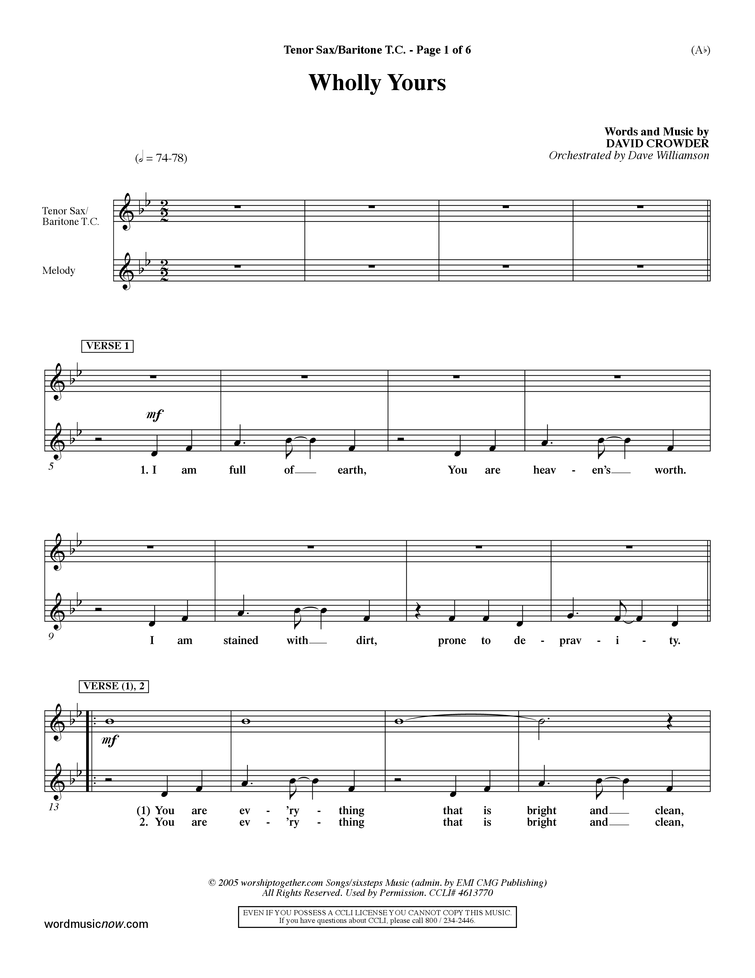 Wholly Yours (Choral Anthem SATB) Tenor Sax/Baritone T.C. (Word Music Choral / Orch. Dave Williamson)