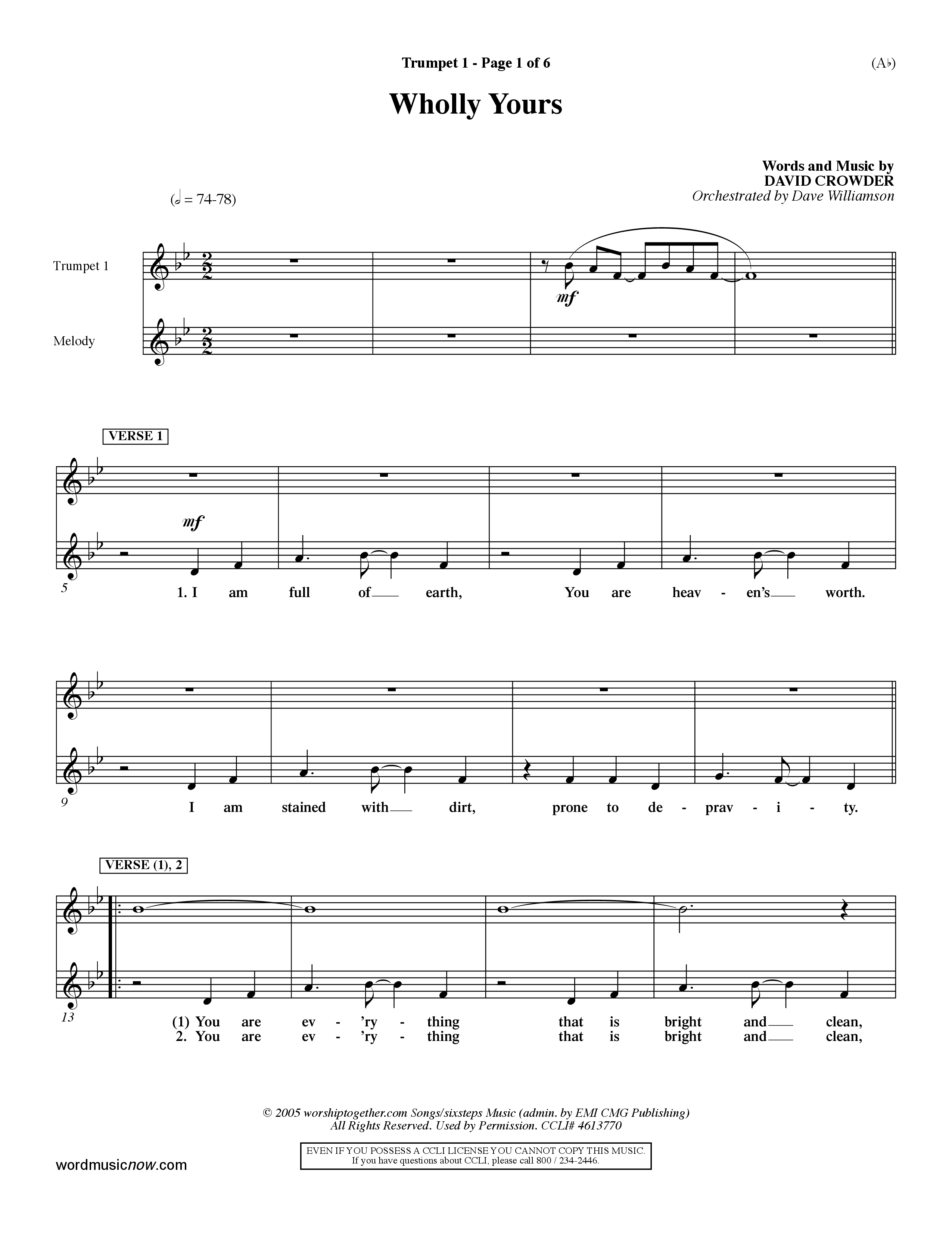 Wholly Yours (Choral Anthem SATB) Trumpet 1 (Word Music Choral / Orch. Dave Williamson)