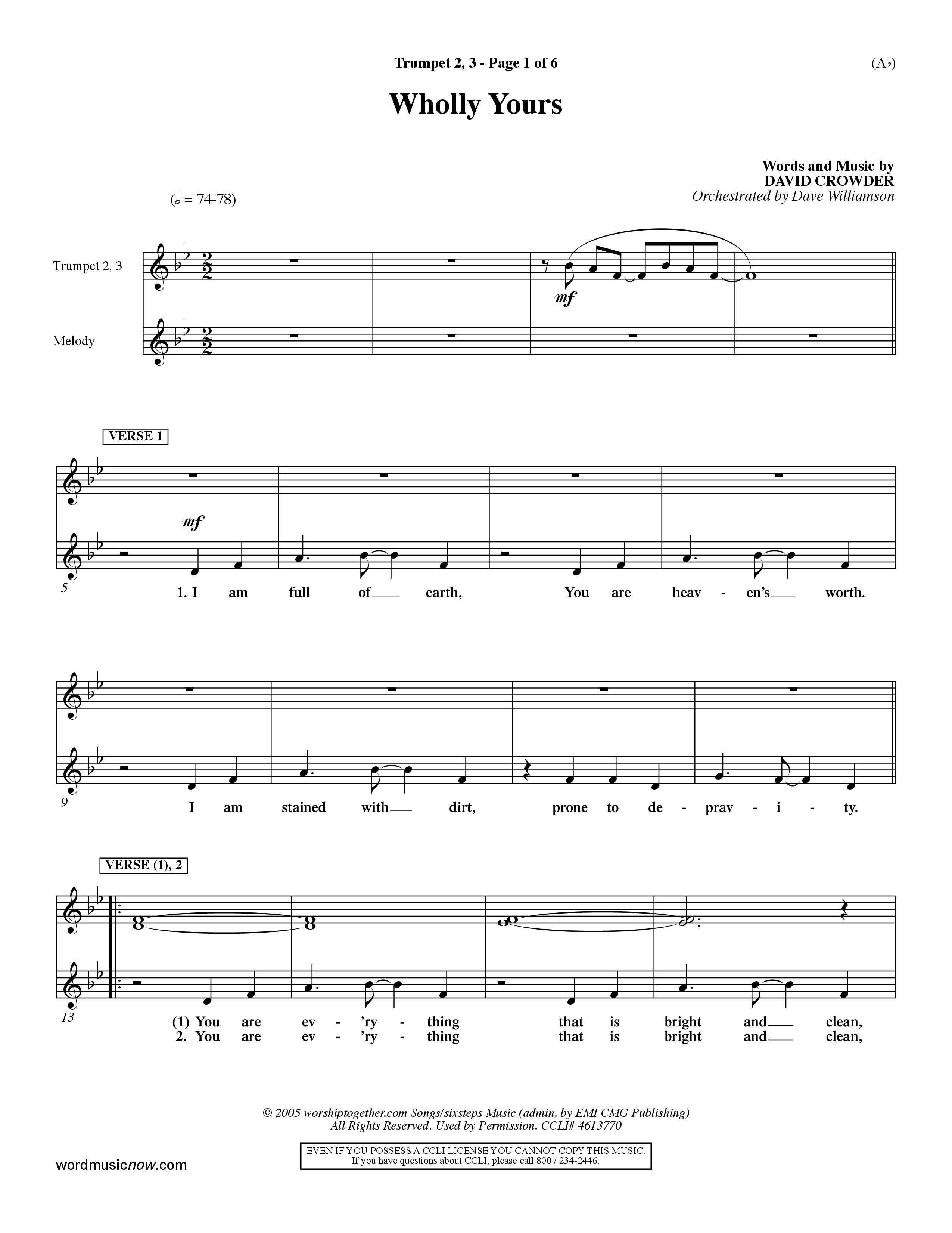 Wholly Yours (Choral Anthem SATB) Trumpet 2/3 (Word Music Choral / Orch. Dave Williamson)