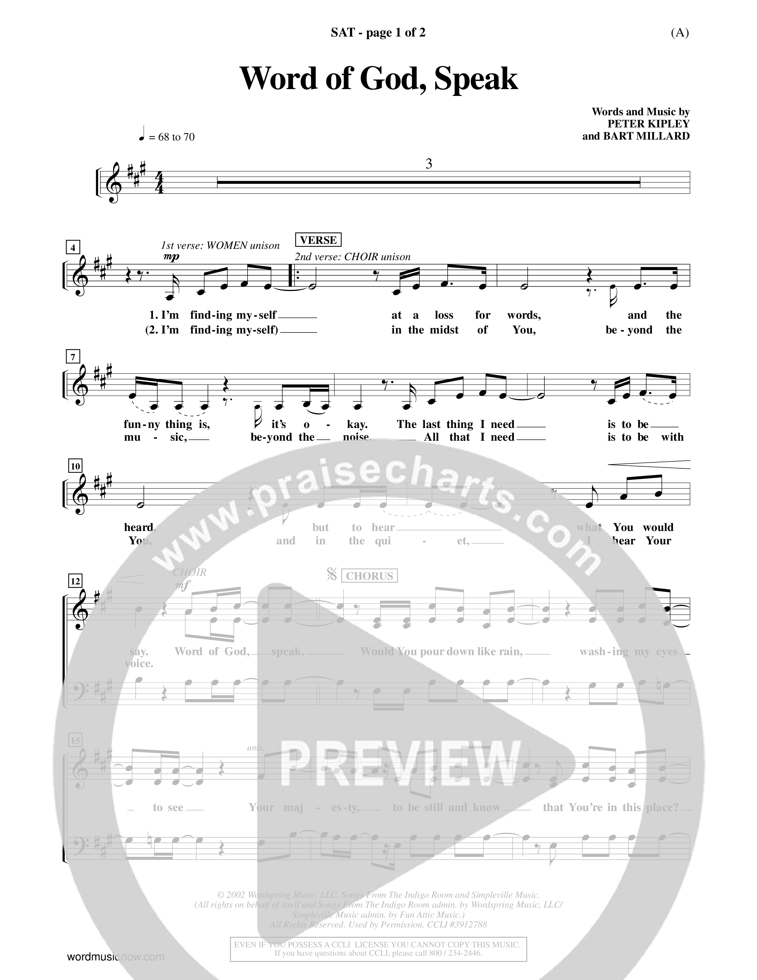 Word Of God Speak (Choral Anthem SATB) Lead Sheet (SAT) (Word Music Choral / Orch. Scott Harris)