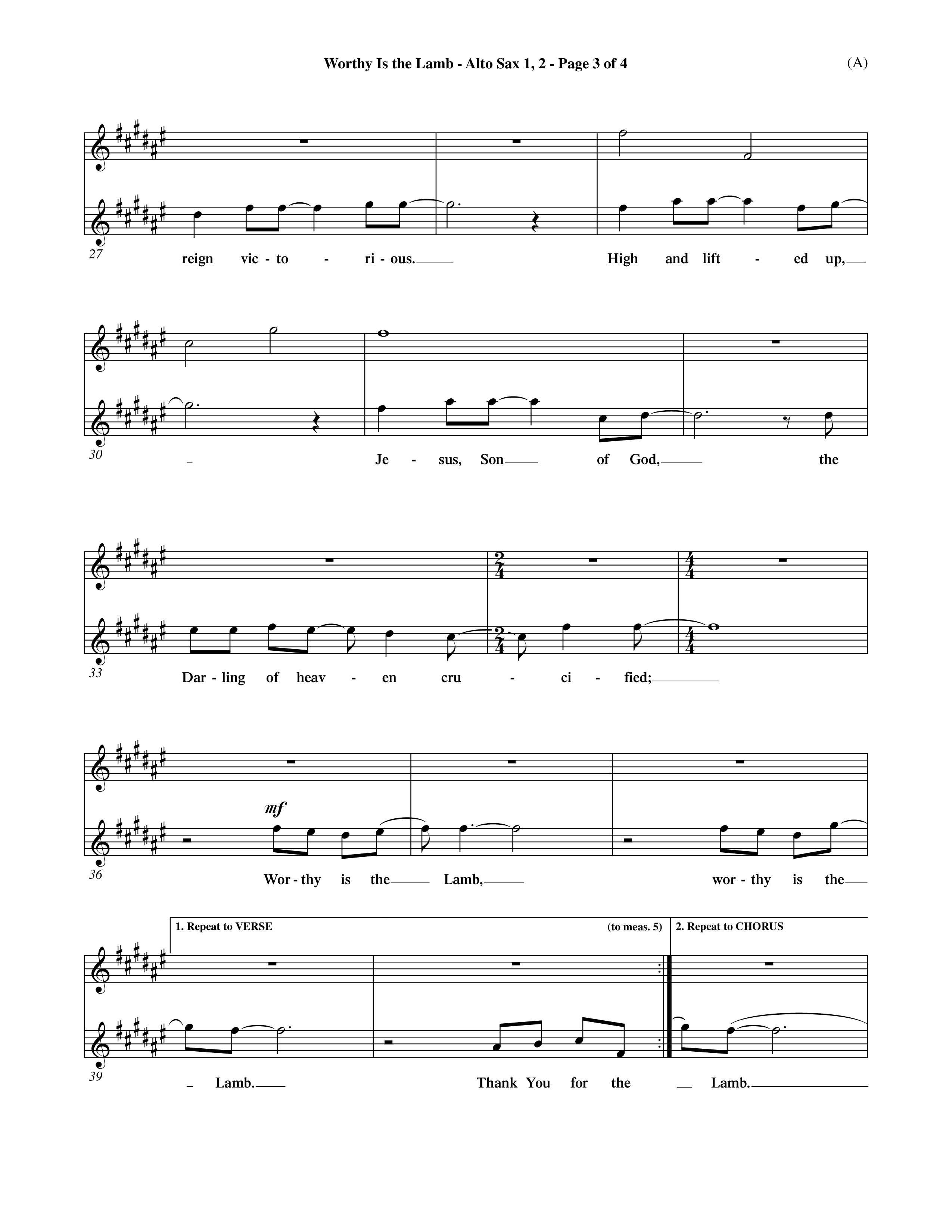 Worthy Is The Lamb (Choral Anthem SATB) Alto Sax 1/2 (Word Music Choral / Orch. Dave Williamson)