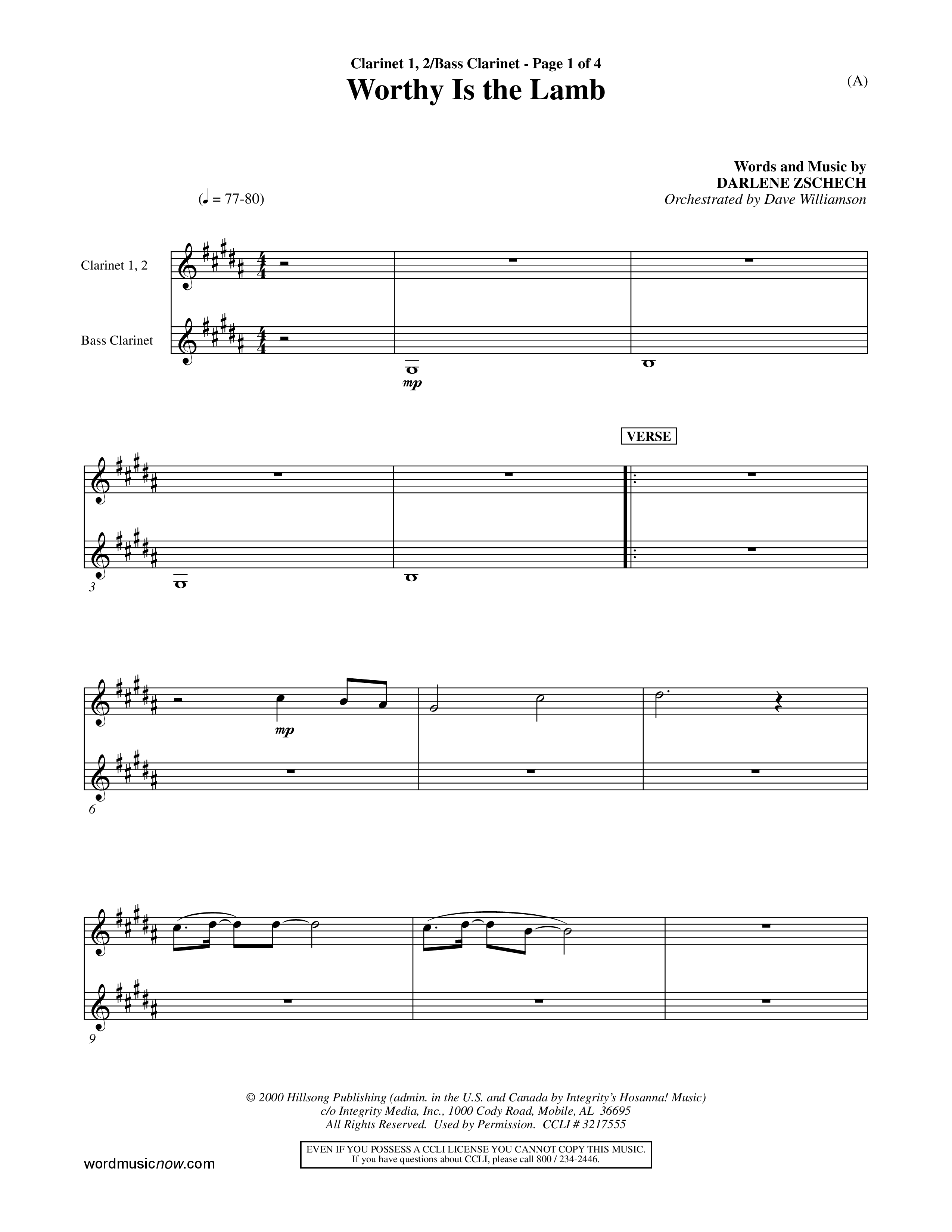 Worthy Is The Lamb (Choral Anthem SATB) Clarinet 1/2, Bass Clarinet (Word Music Choral / Orch. Dave Williamson)