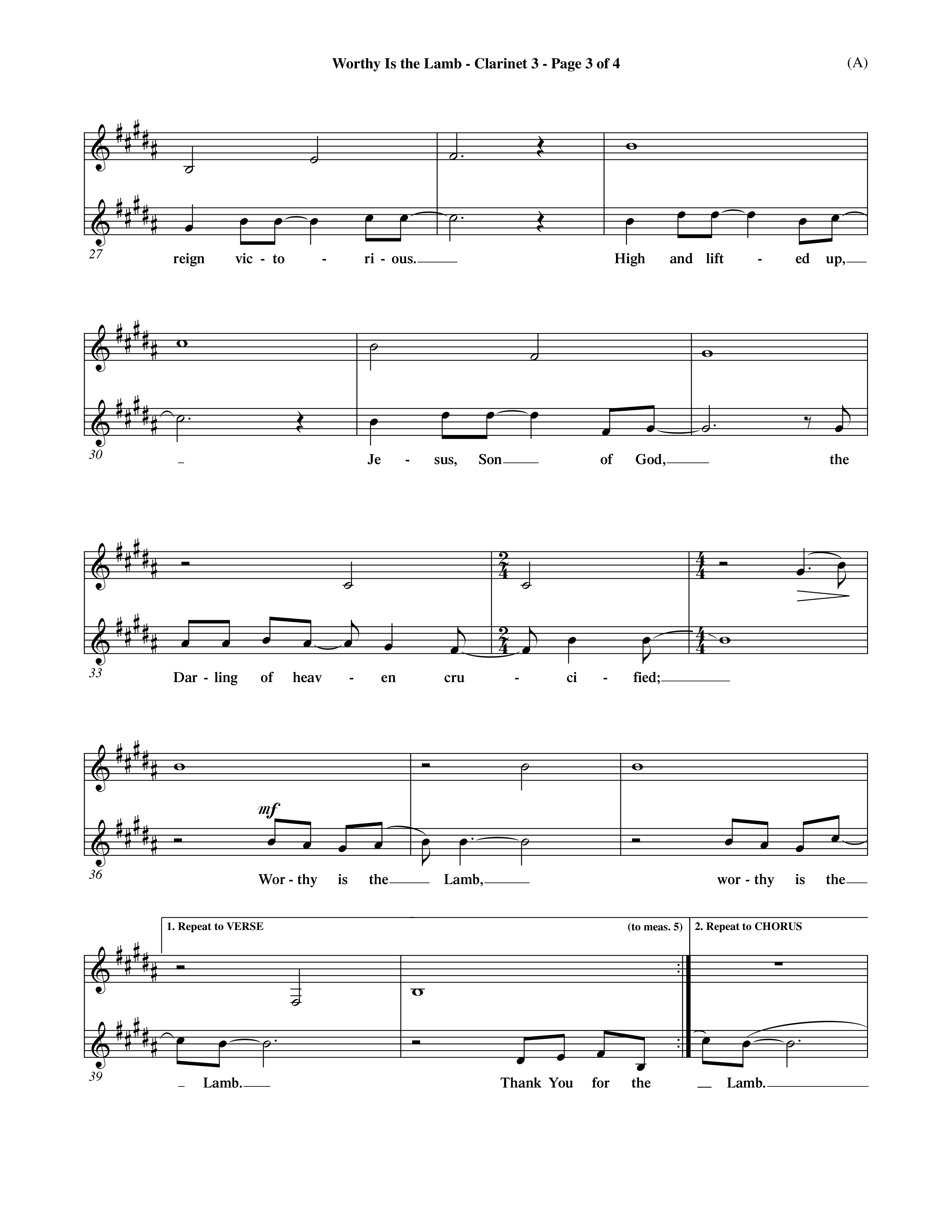 Worthy Is The Lamb (Choral Anthem SATB) Clarinet 3 (Word Music Choral / Orch. Dave Williamson)