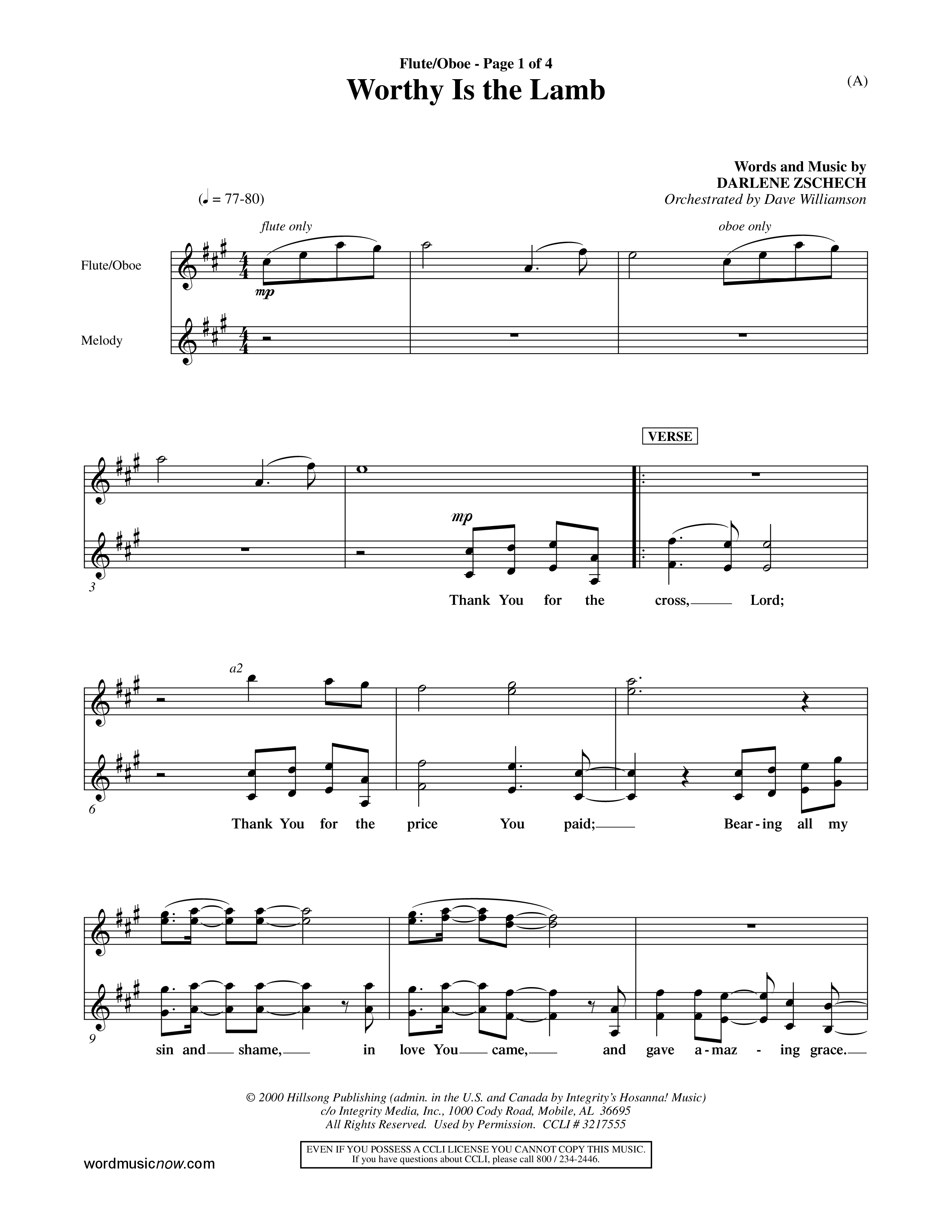 Worthy Is The Lamb (Choral Anthem SATB) Flute/Oboe (Word Music Choral / Orch. Dave Williamson)