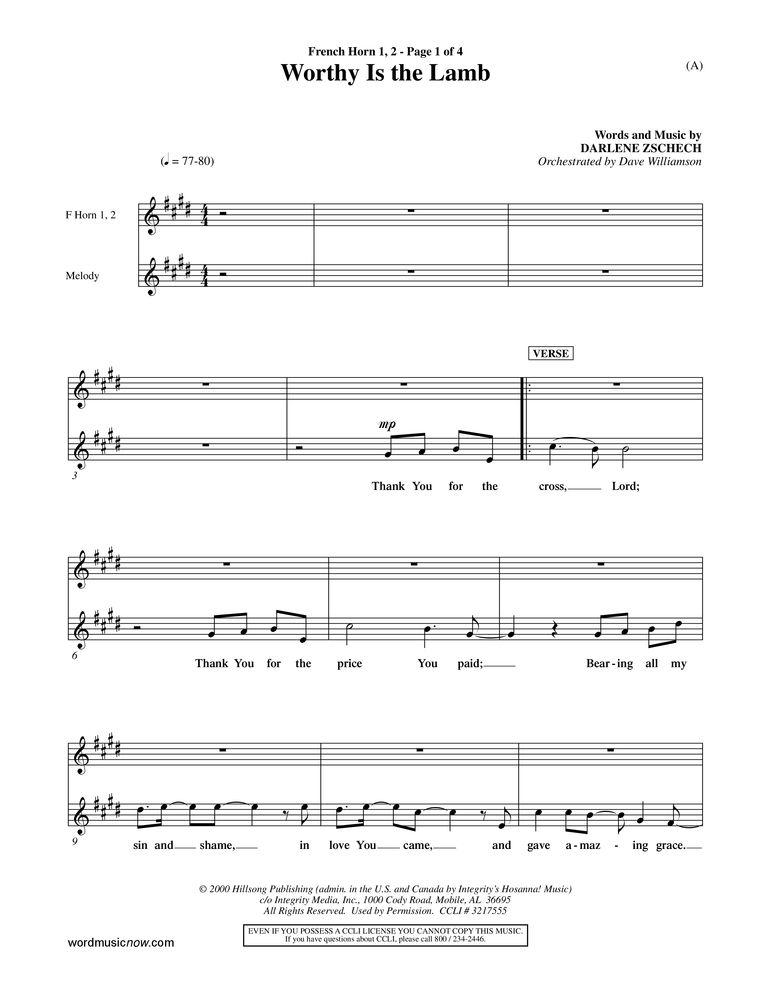 Worthy Is The Lamb (Choral Anthem SATB) French Horn (Word Music Choral / Orch. Dave Williamson)