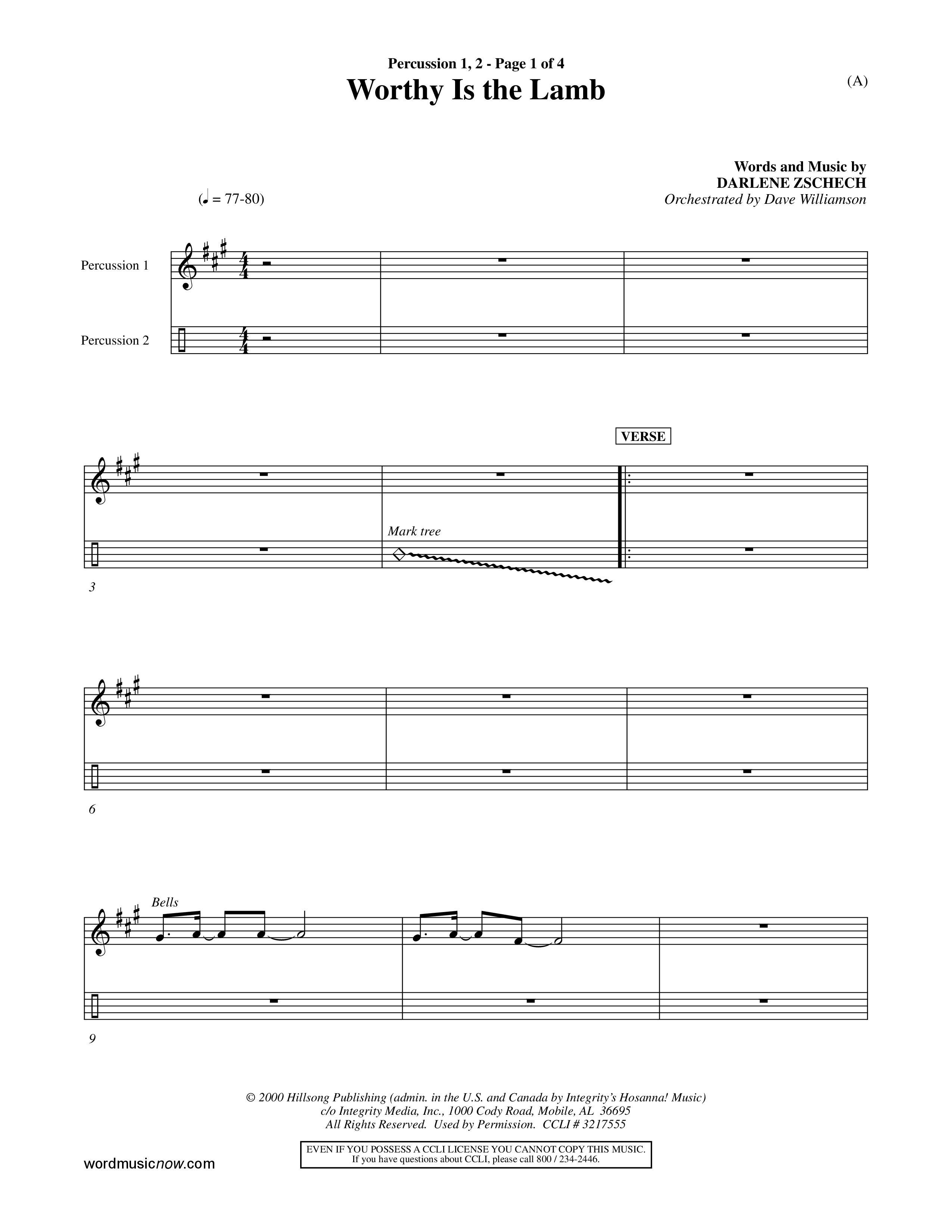 Worthy Is The Lamb (Choral Anthem SATB) Percussion 1/2 (Word Music Choral / Orch. Dave Williamson)