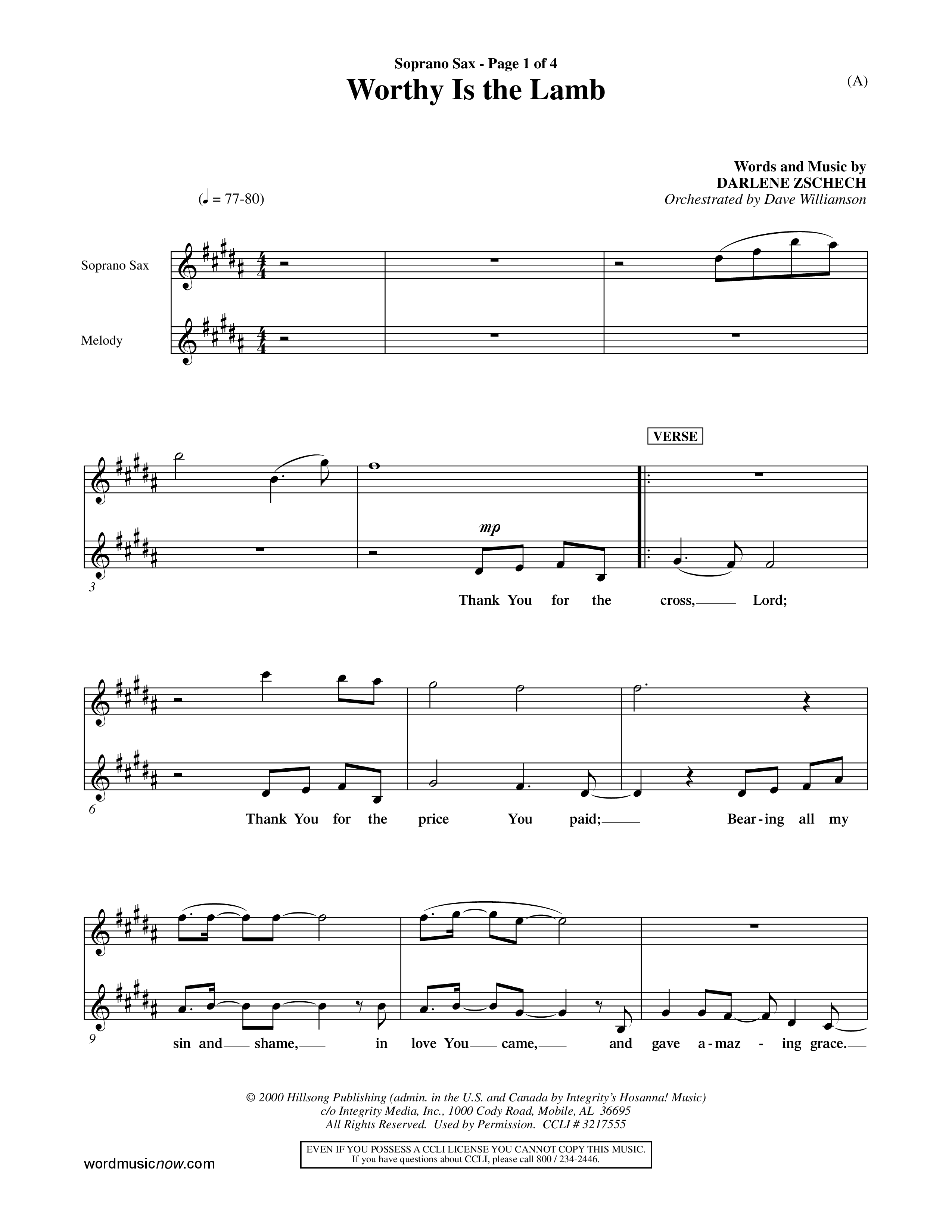 Worthy Is The Lamb (Choral Anthem SATB) Saxophone (Word Music Choral / Orch. Dave Williamson)