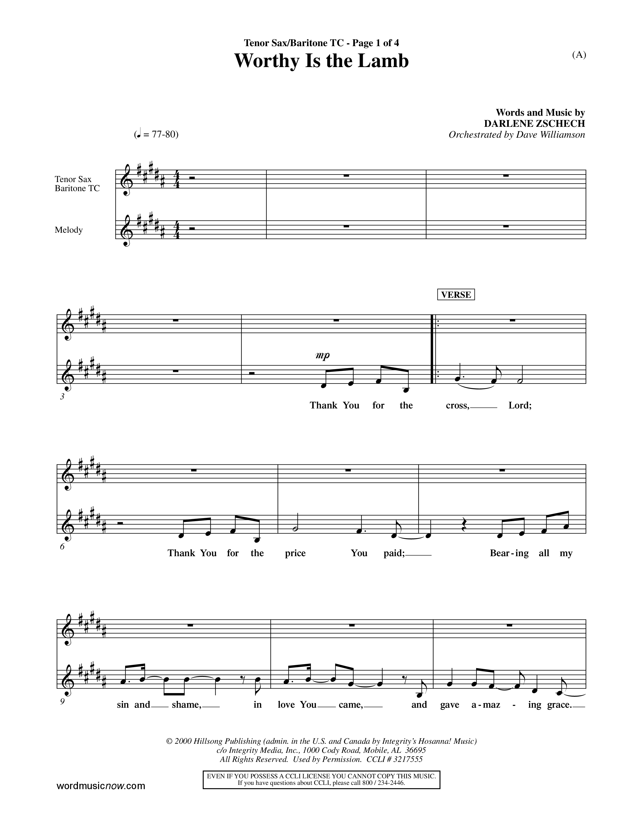 Worthy Is The Lamb (Choral Anthem SATB) Tenor Sax/Baritone T.C. (Word Music Choral / Orch. Dave Williamson)