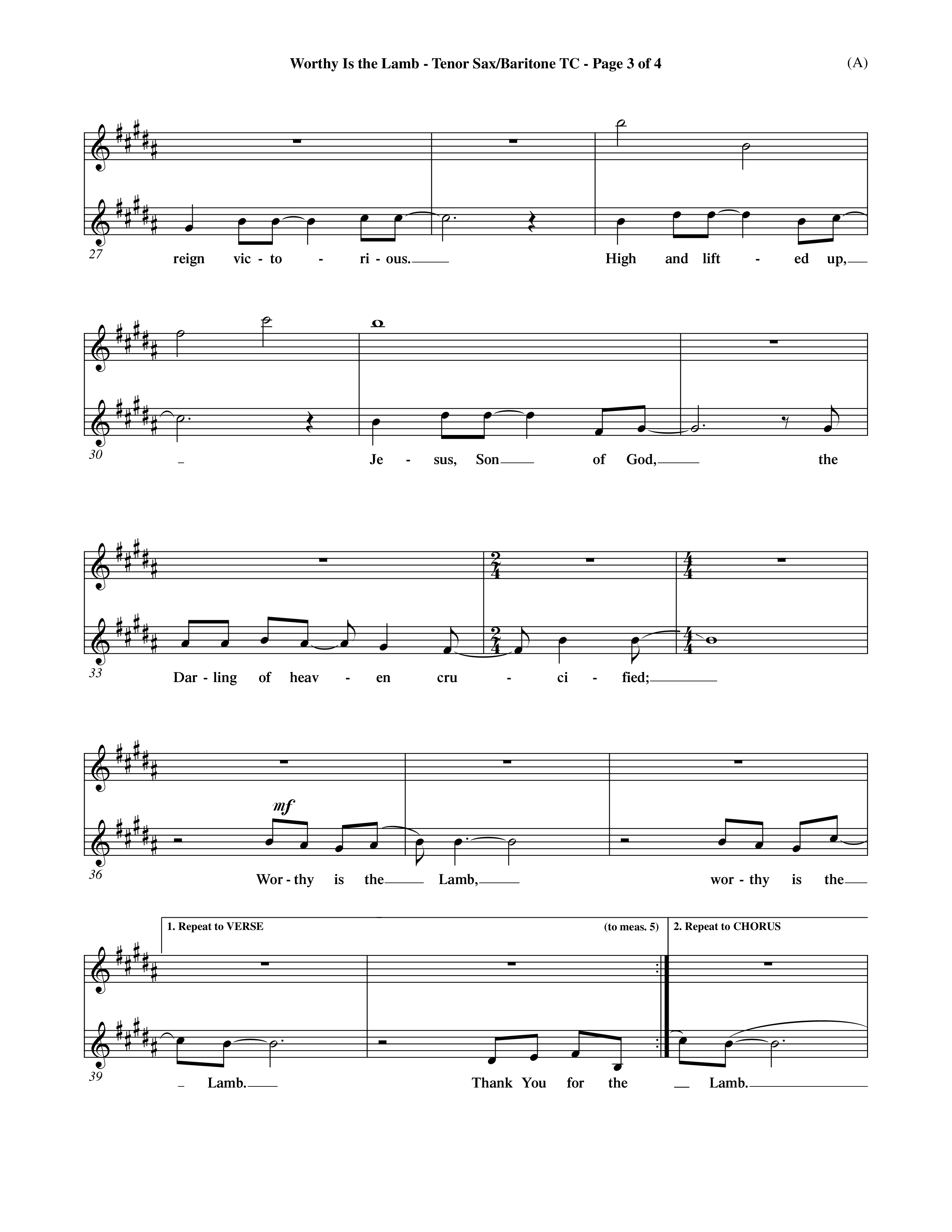 Worthy Is The Lamb (Choral Anthem SATB) Tenor Sax/Baritone T.C. (Word Music Choral / Orch. Dave Williamson)