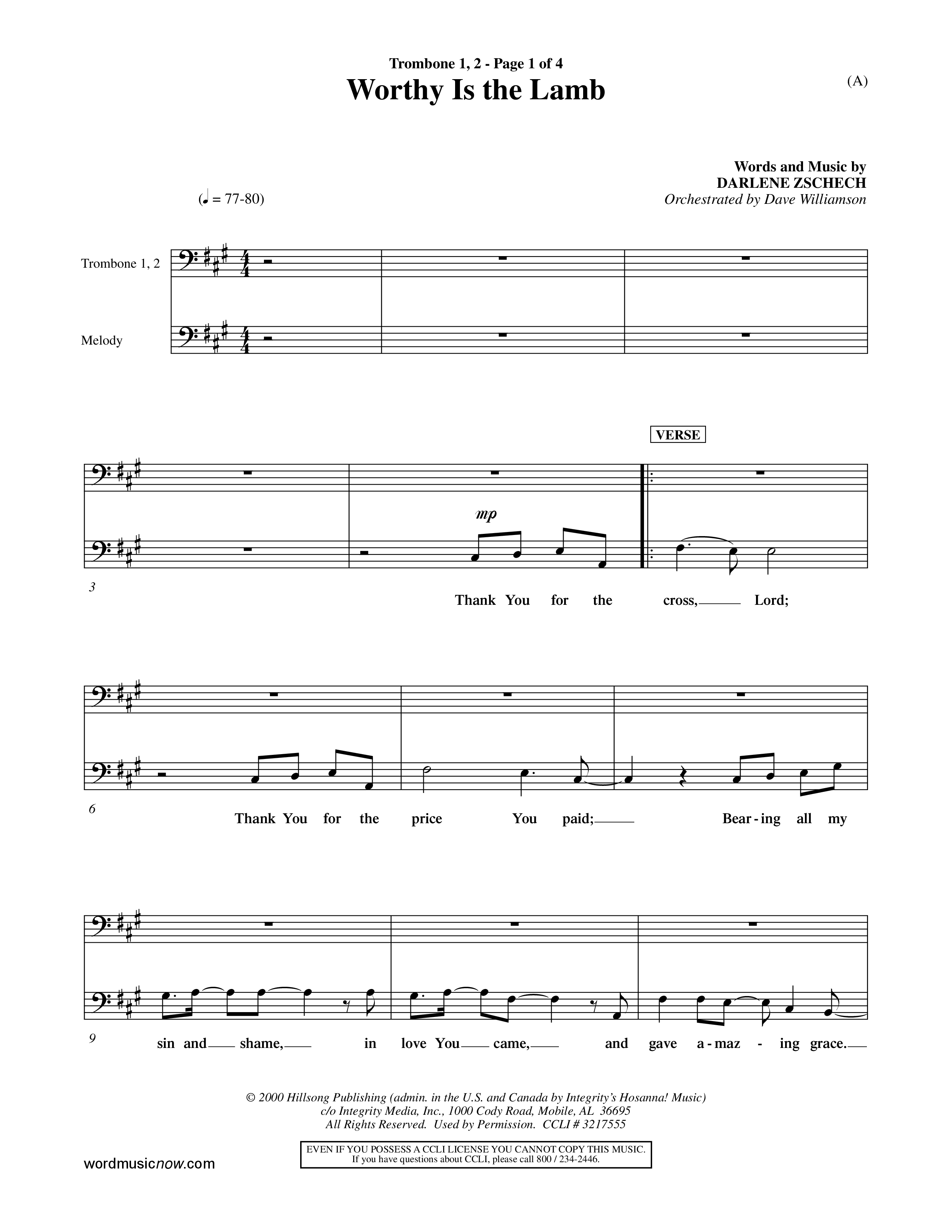 Worthy Is The Lamb (Choral Anthem SATB) Trombone 1/2 (Word Music Choral / Orch. Dave Williamson)