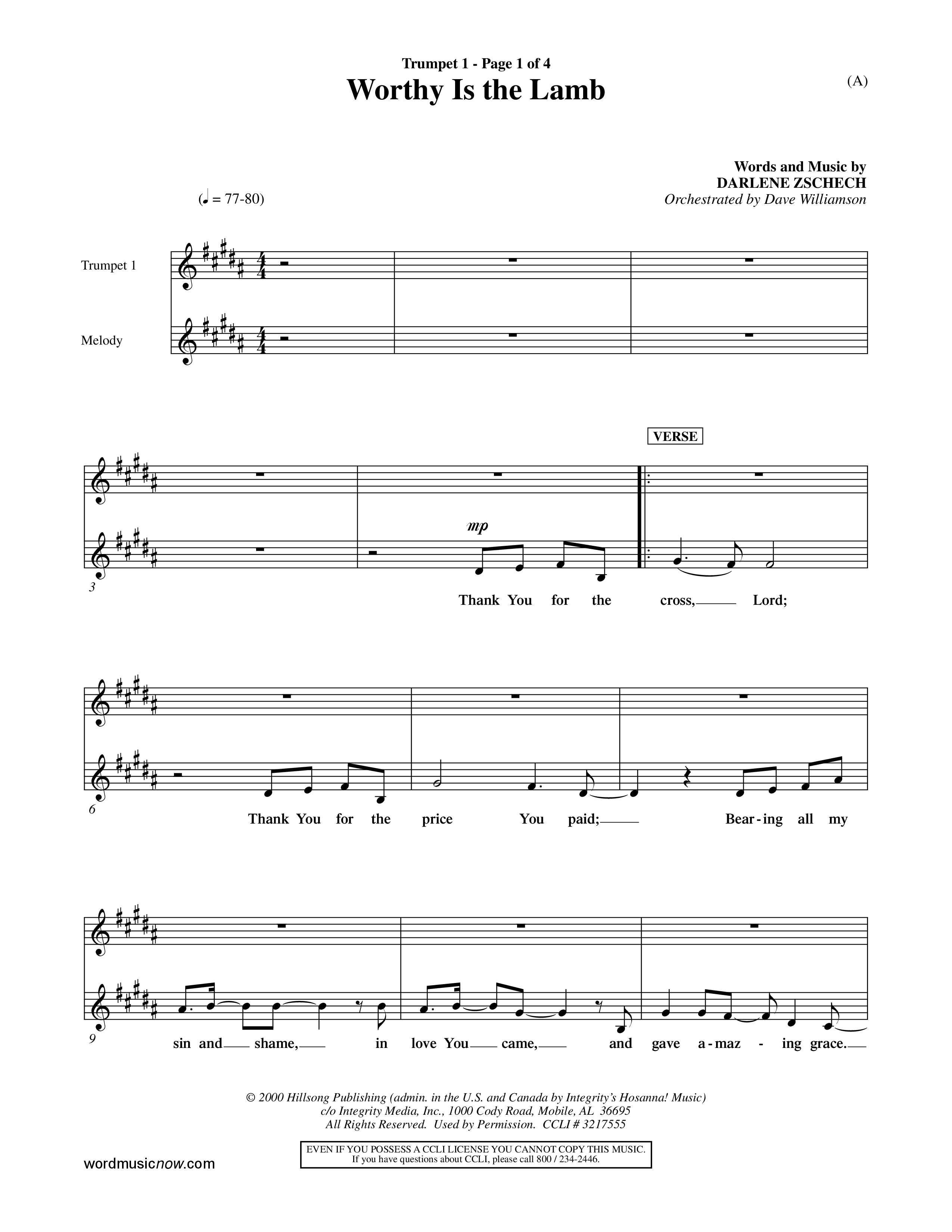 Worthy Is The Lamb (Choral Anthem SATB) Trumpet 1 (Word Music Choral / Orch. Dave Williamson)