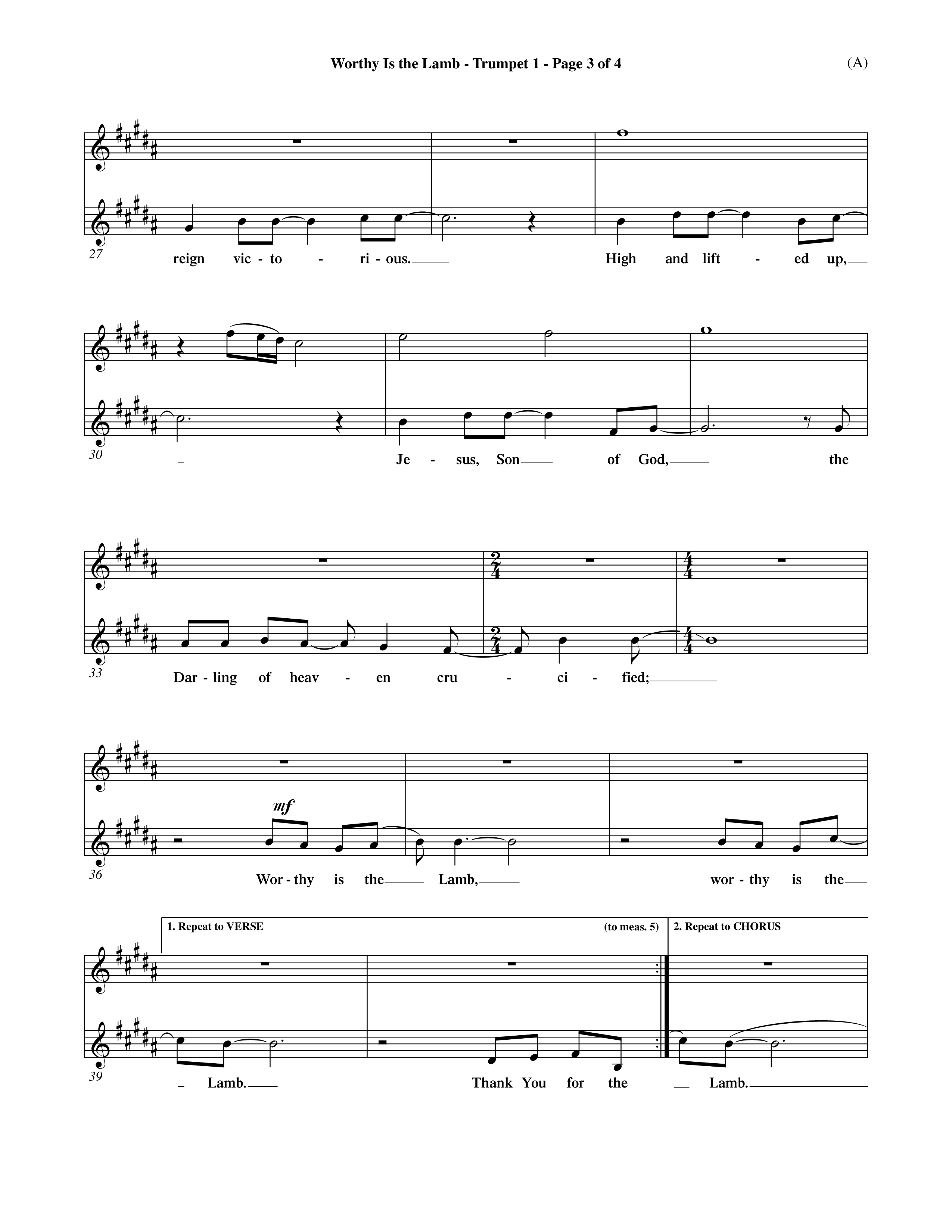 Worthy Is The Lamb (Choral Anthem SATB) Trumpet 1 (Word Music Choral / Orch. Dave Williamson)