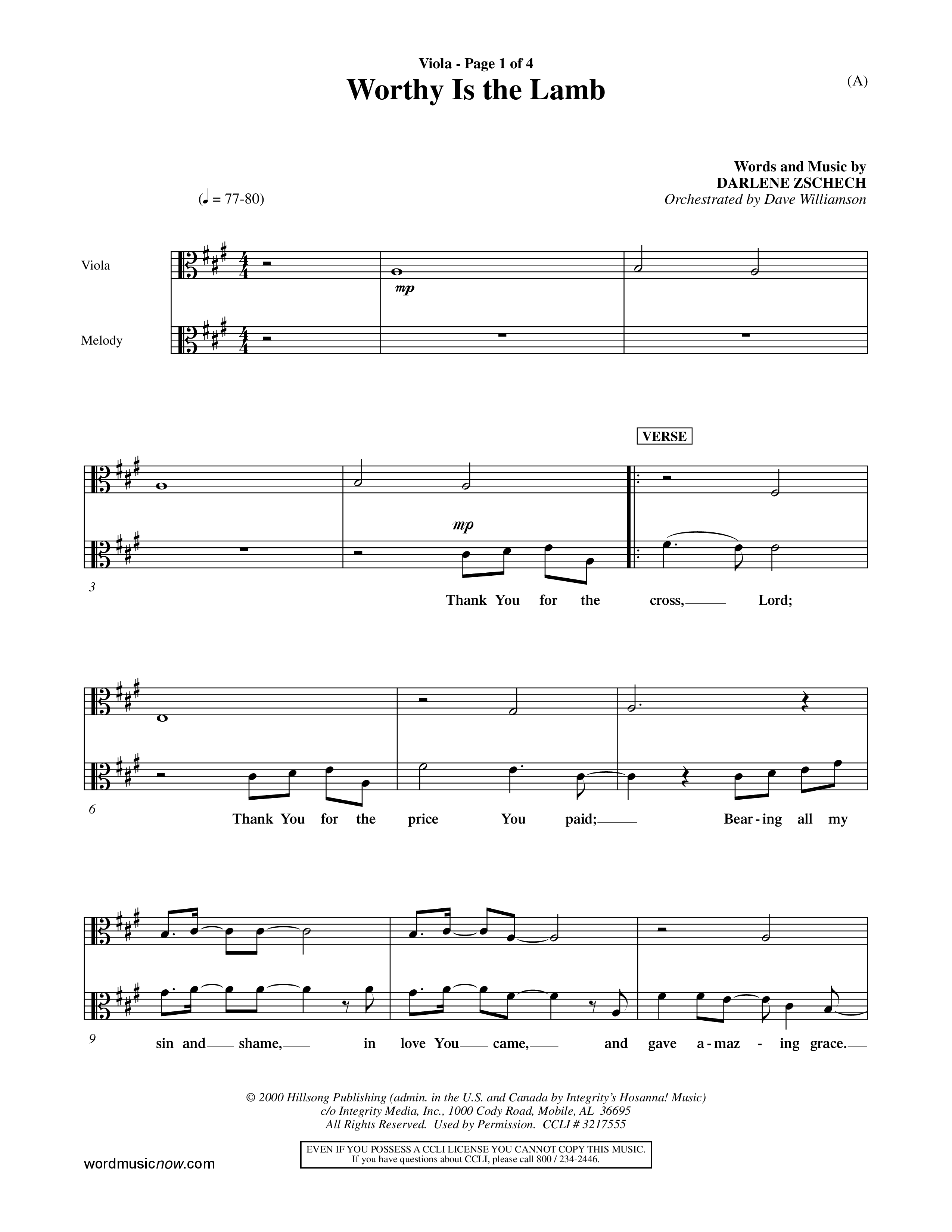 Worthy Is The Lamb (Choral Anthem SATB) Viola (Word Music Choral / Orch. Dave Williamson)