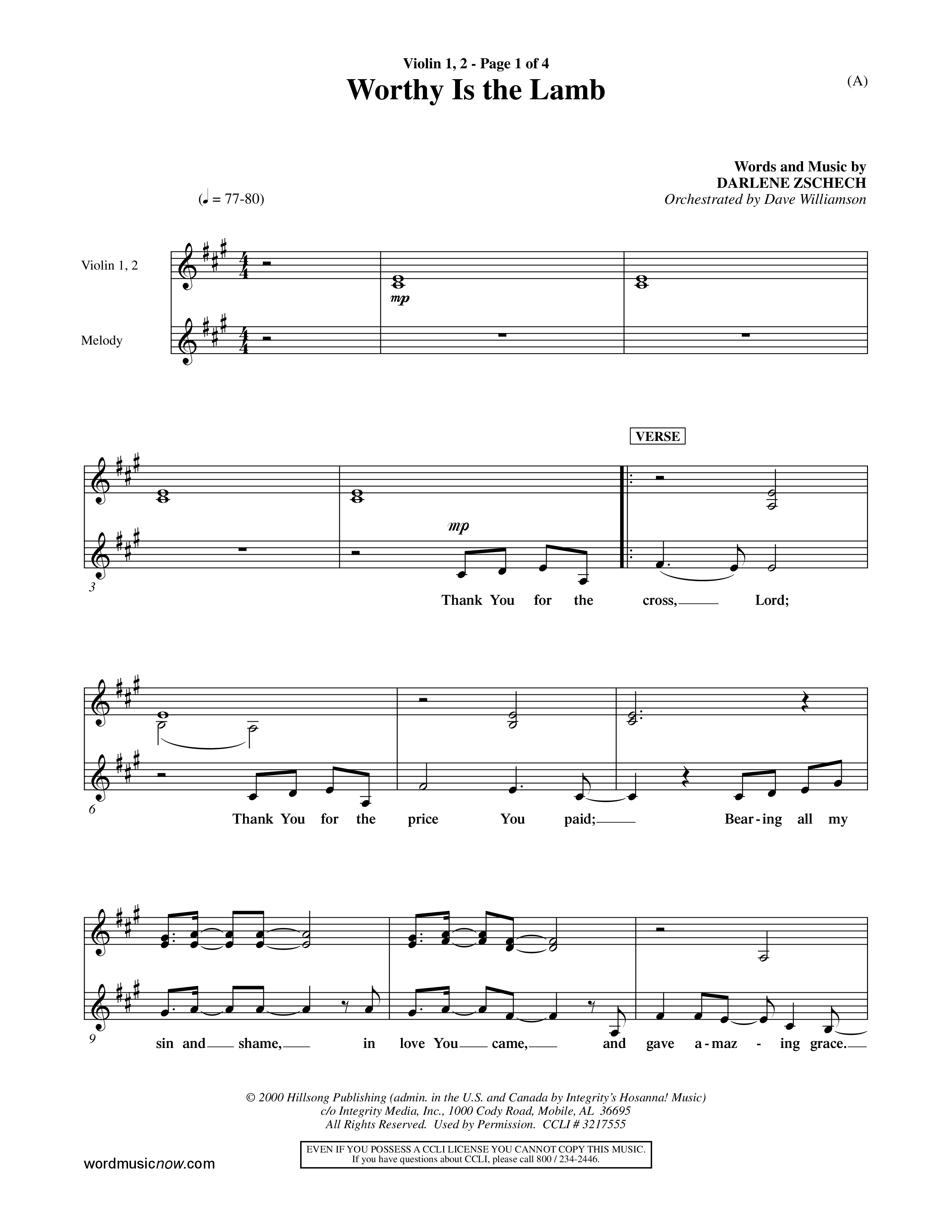 Worthy Is The Lamb (Choral Anthem SATB) Violin 1/2 (Word Music Choral / Orch. Dave Williamson)
