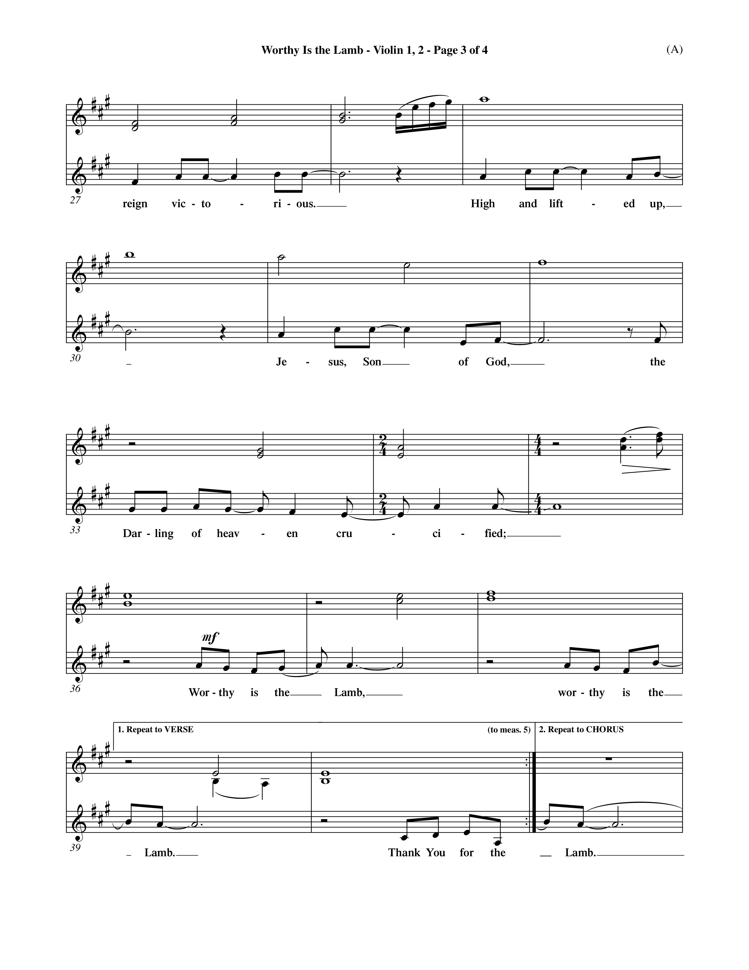 Worthy Is The Lamb (Choral Anthem SATB) Violin 1/2 (Word Music Choral / Orch. Dave Williamson)