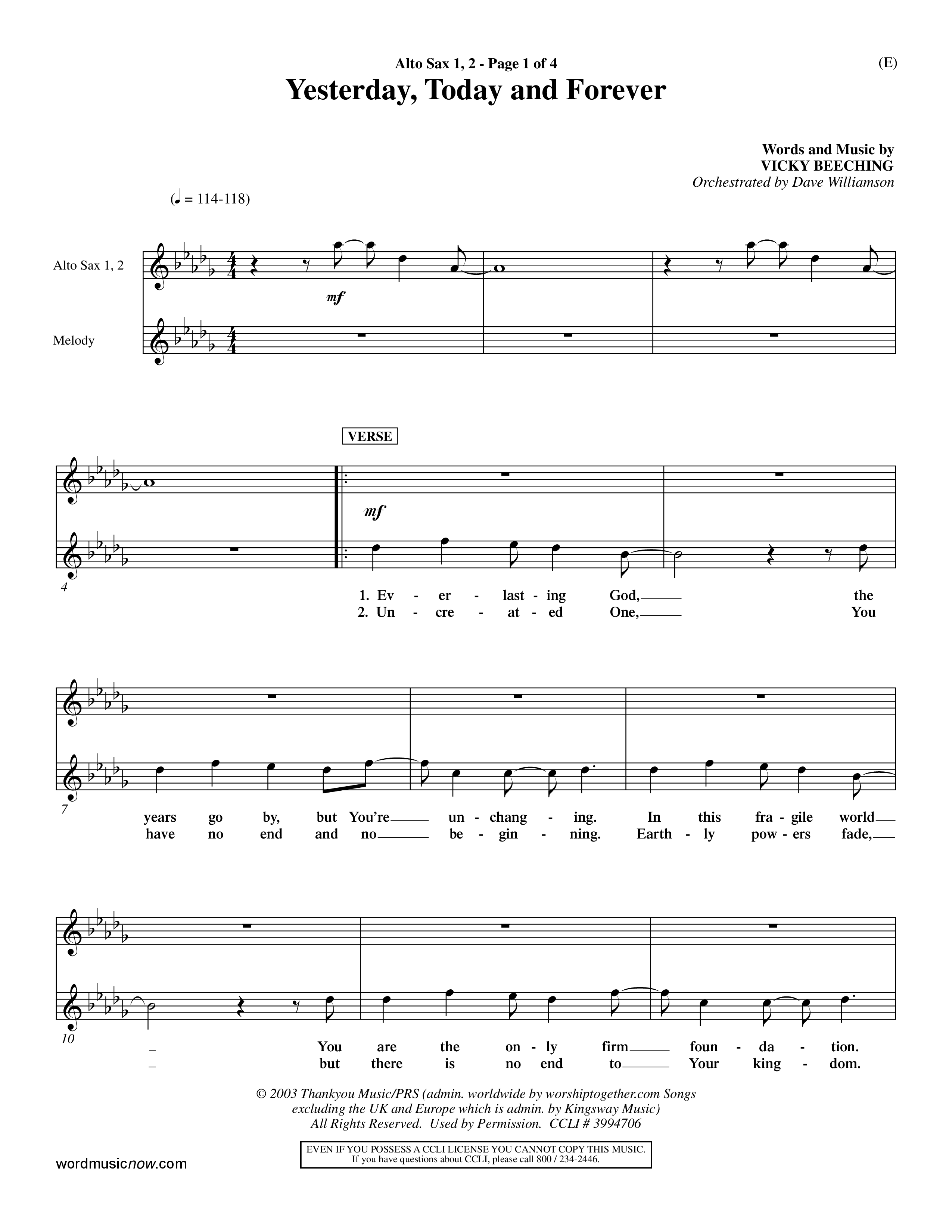 Yesterday Today and Forever (Choral Anthem SATB) Alto Sax 1/2 (Word Music Choral / Orch. Dave Williamson)