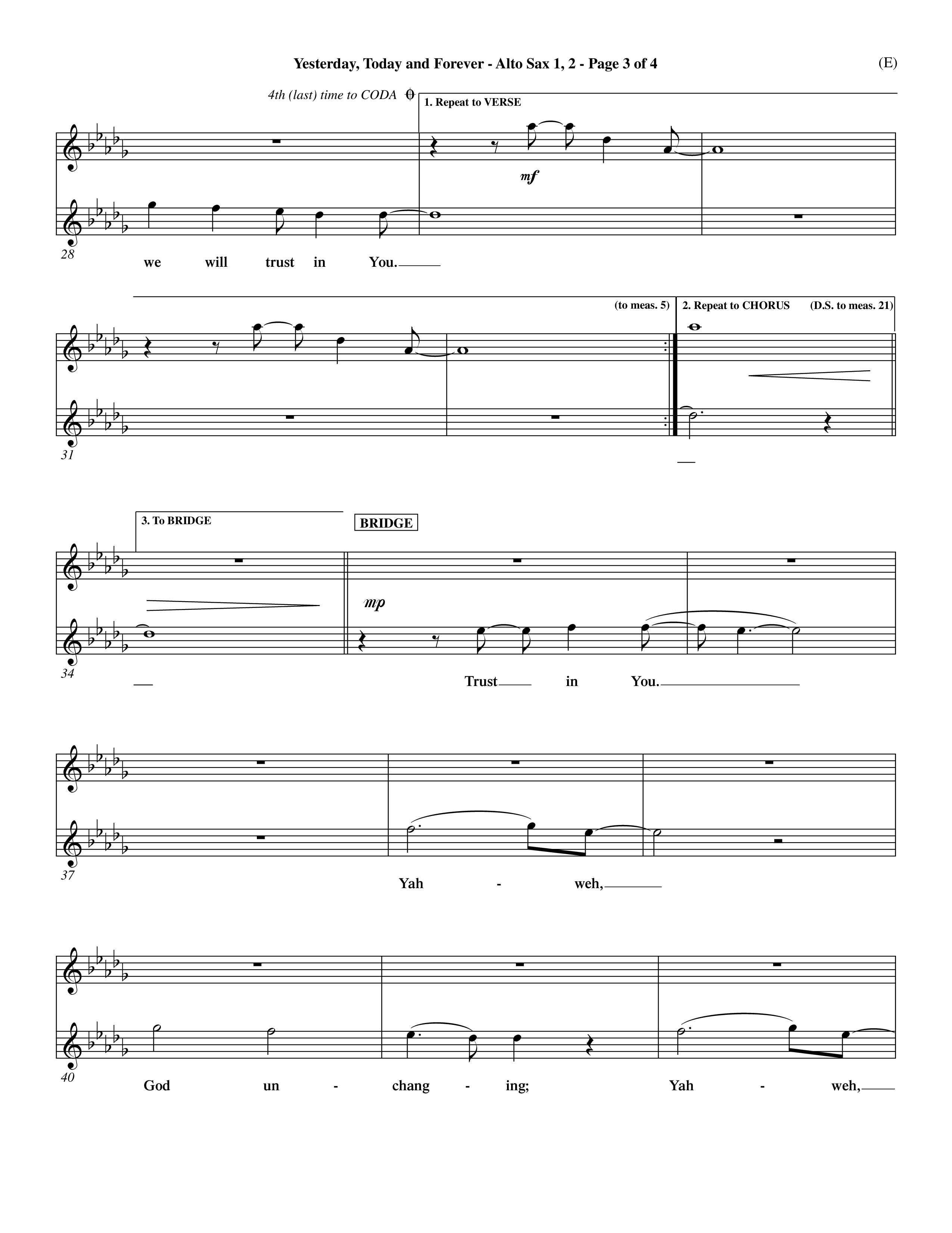 Yesterday Today and Forever (Choral Anthem SATB) Alto Sax 1/2 (Word Music Choral / Orch. Dave Williamson)