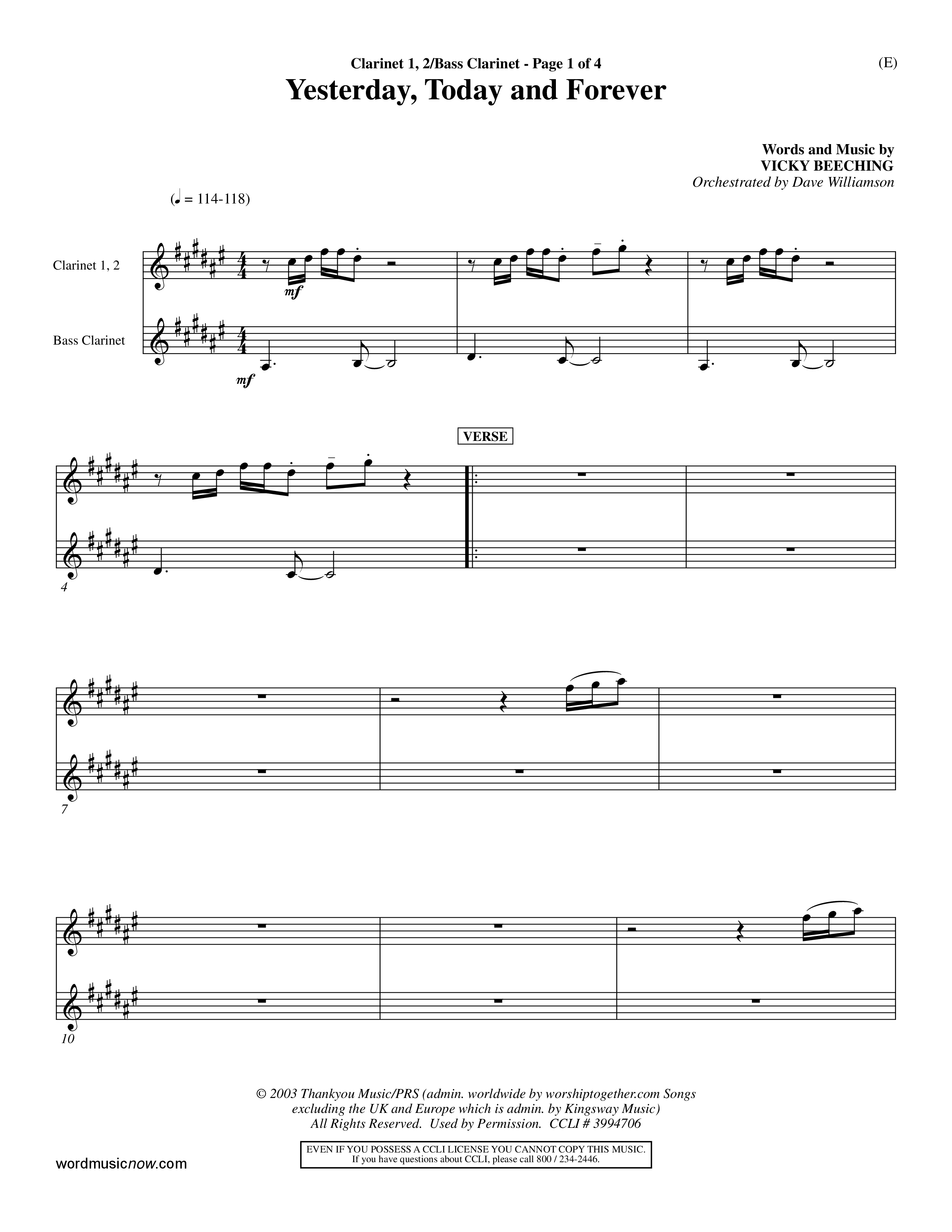 Yesterday Today and Forever (Choral Anthem SATB) Clarinet 1/2, Bass Clarinet (Word Music Choral / Orch. Dave Williamson)