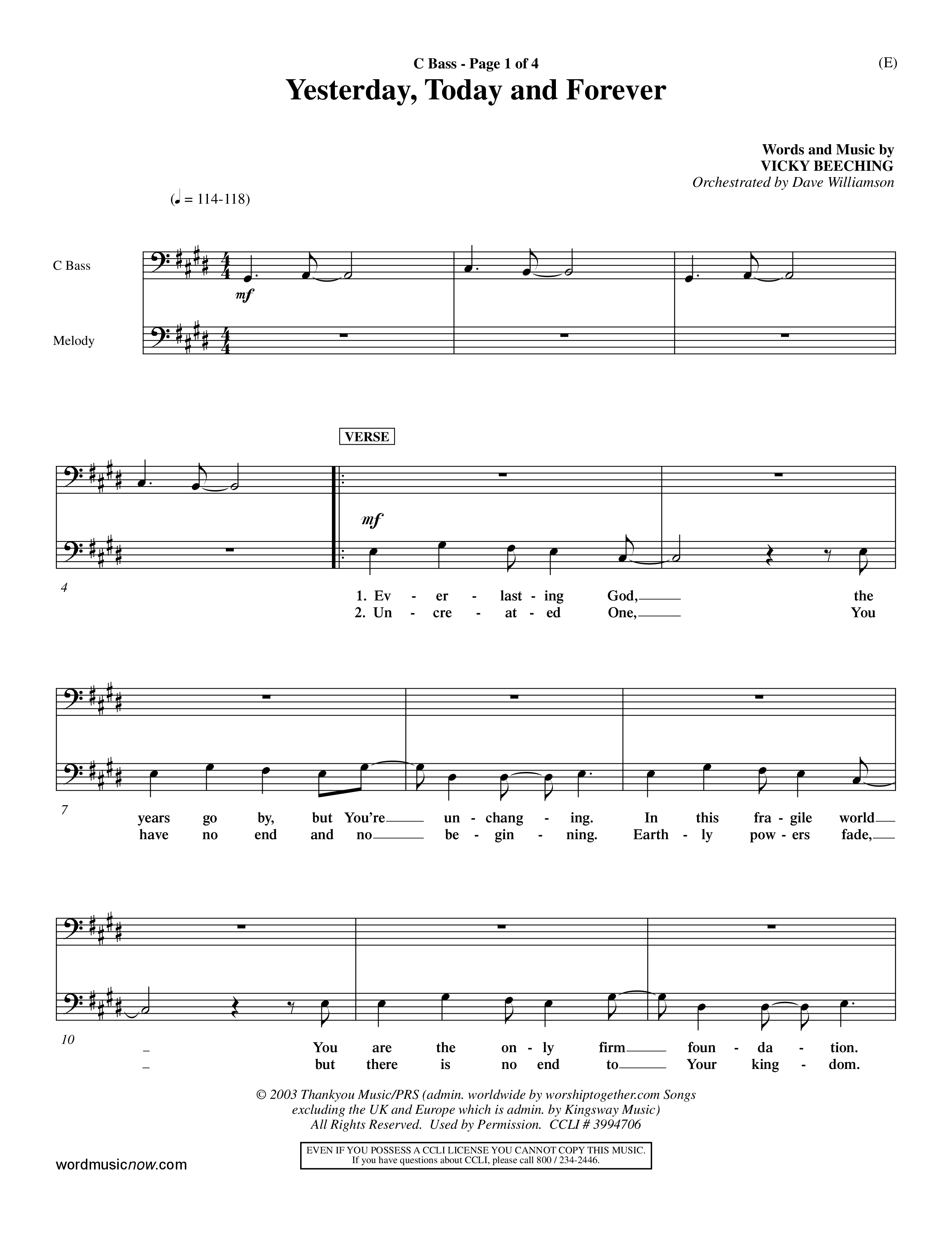 Yesterday Today and Forever (Choral Anthem SATB) Contrabass (Word Music Choral / Orch. Dave Williamson)