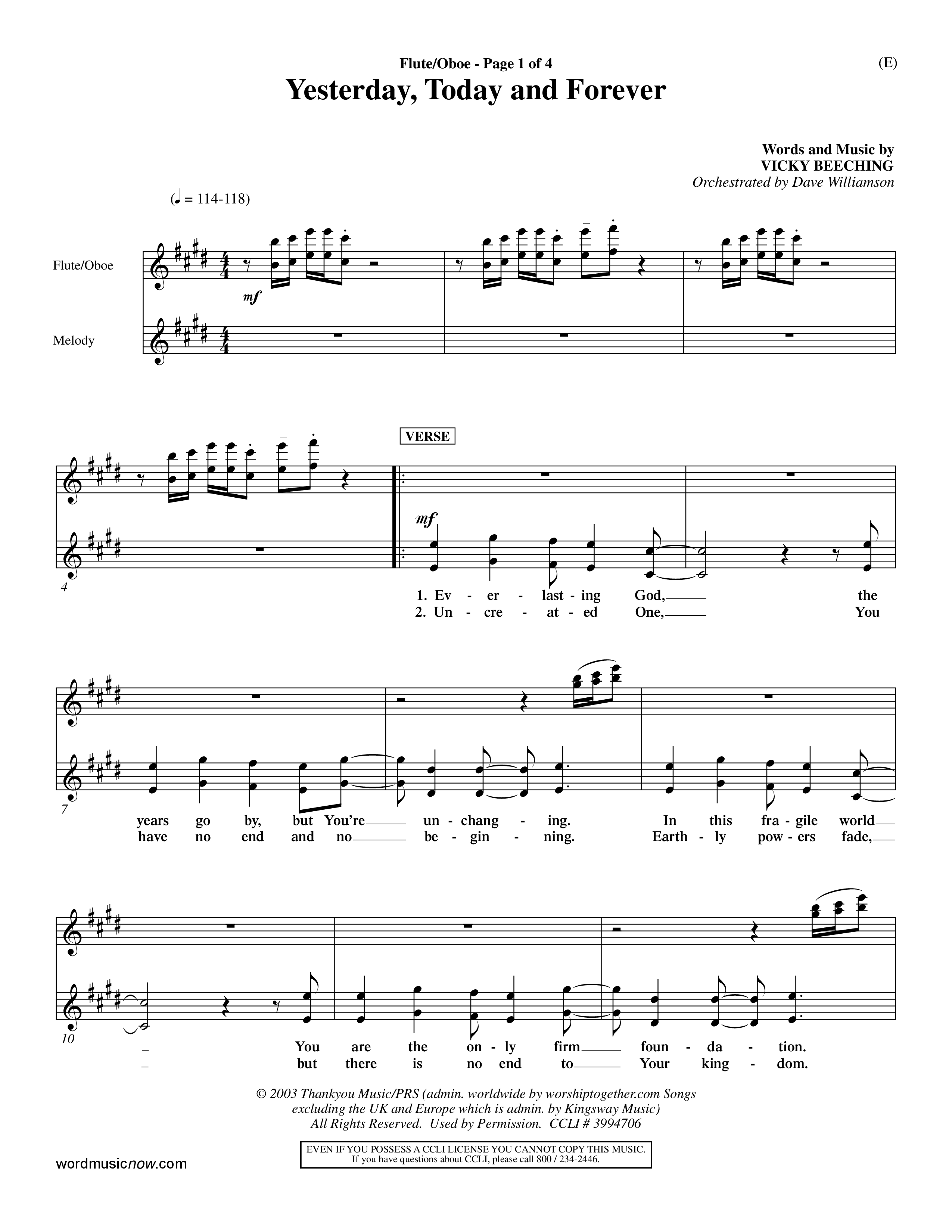 Yesterday Today and Forever (Choral Anthem SATB) Flute/Oboe (Word Music Choral / Orch. Dave Williamson)