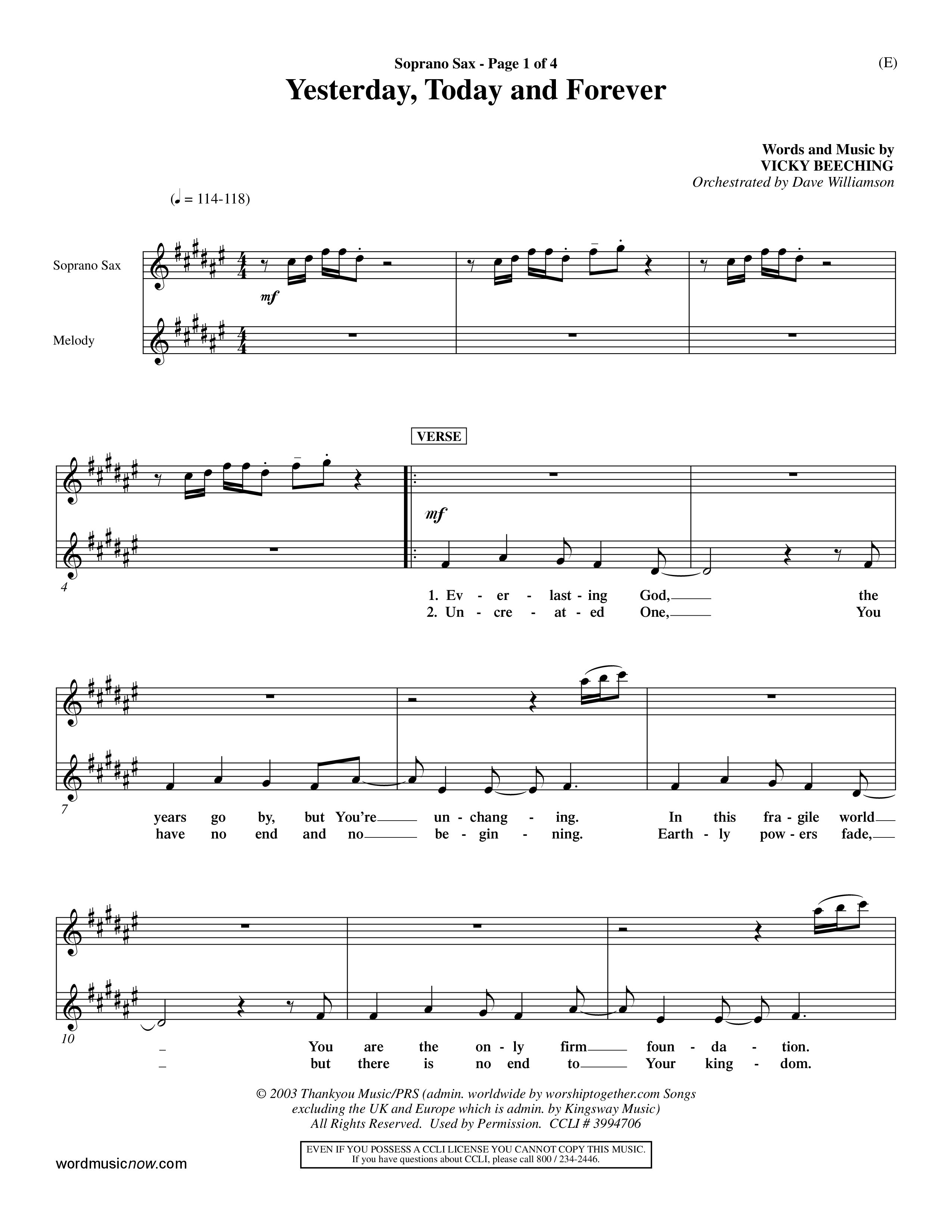 Yesterday Today and Forever (Choral Anthem SATB) Saxophone (Word Music Choral / Orch. Dave Williamson)