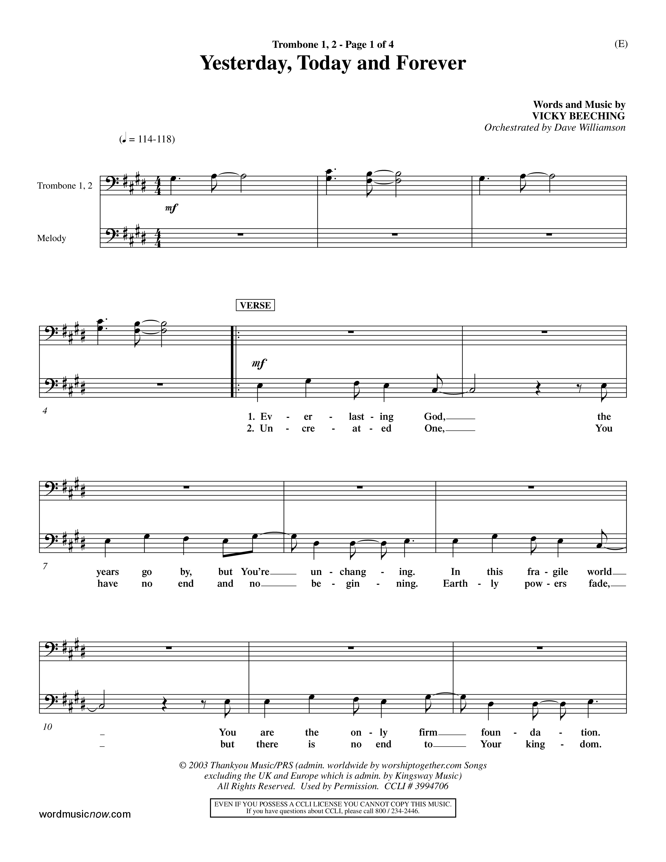 Yesterday Today and Forever (Choral Anthem SATB) Trombone 1/2 (Word Music Choral / Orch. Dave Williamson)