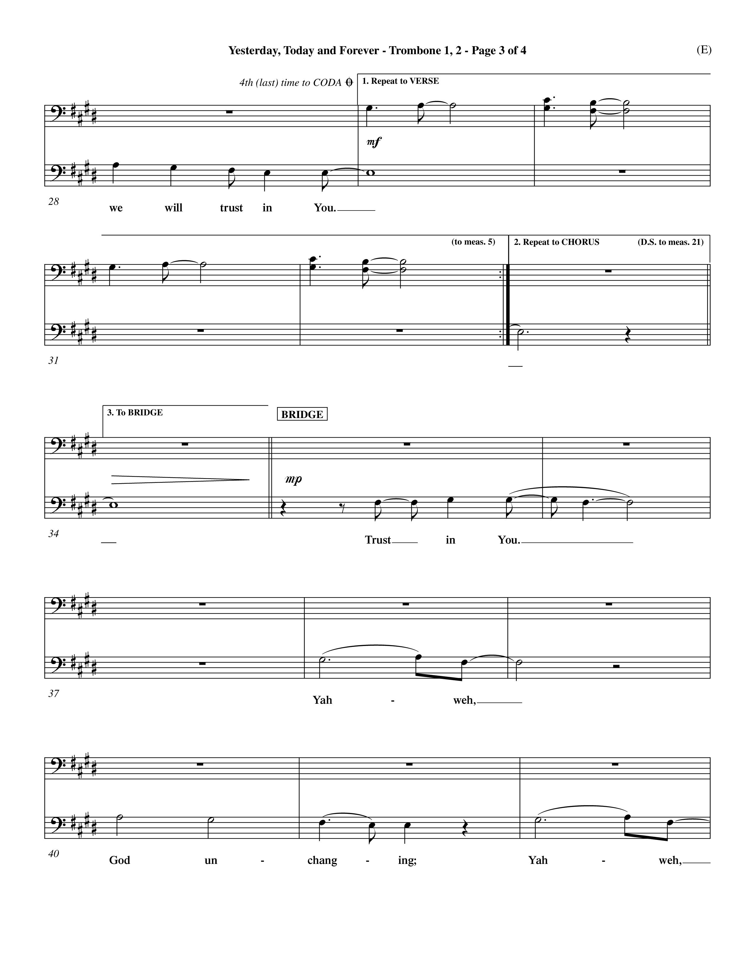 Yesterday Today and Forever (Choral Anthem SATB) Trombone 1/2 (Word Music Choral / Orch. Dave Williamson)