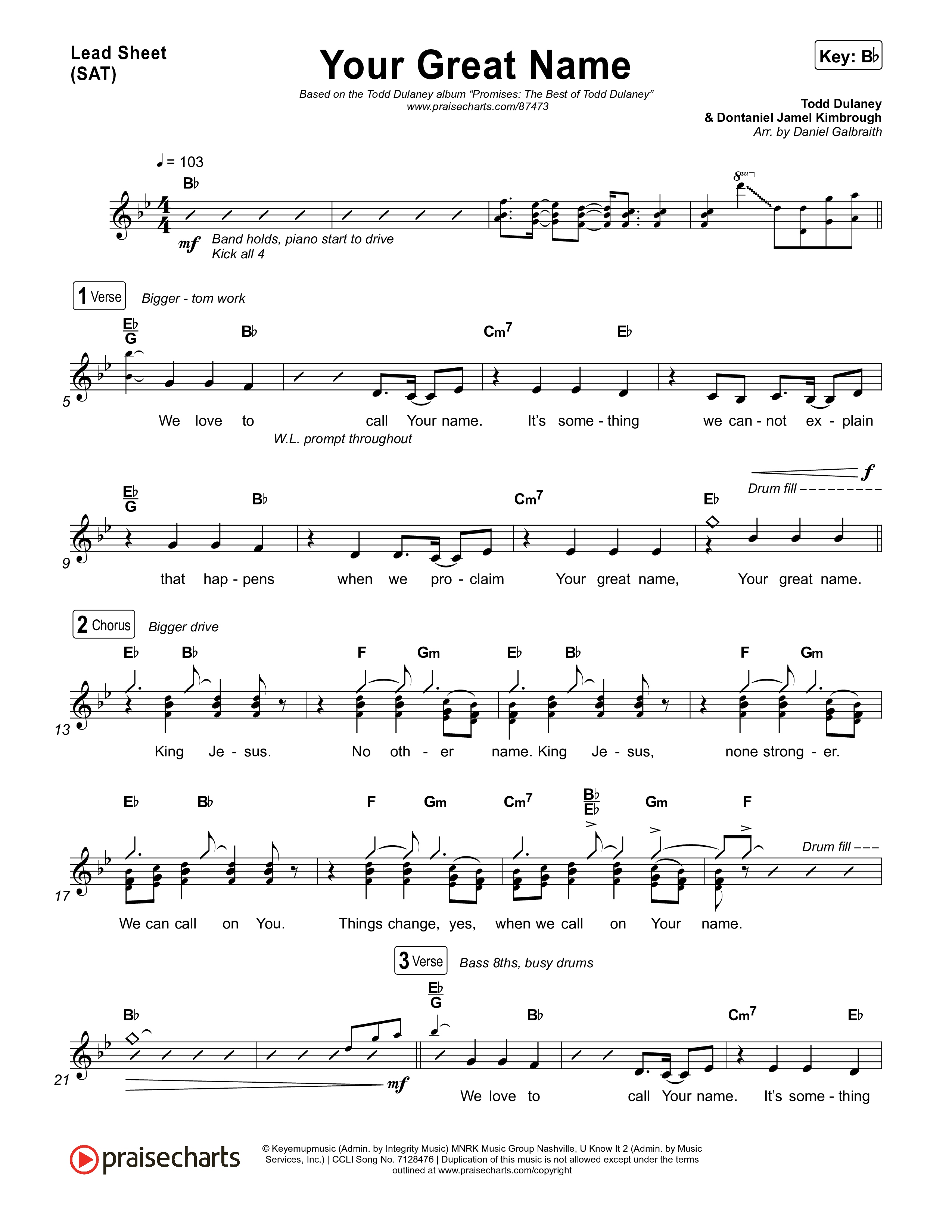 Your Great Name Lead Sheet (SAT) (Todd Dulaney)